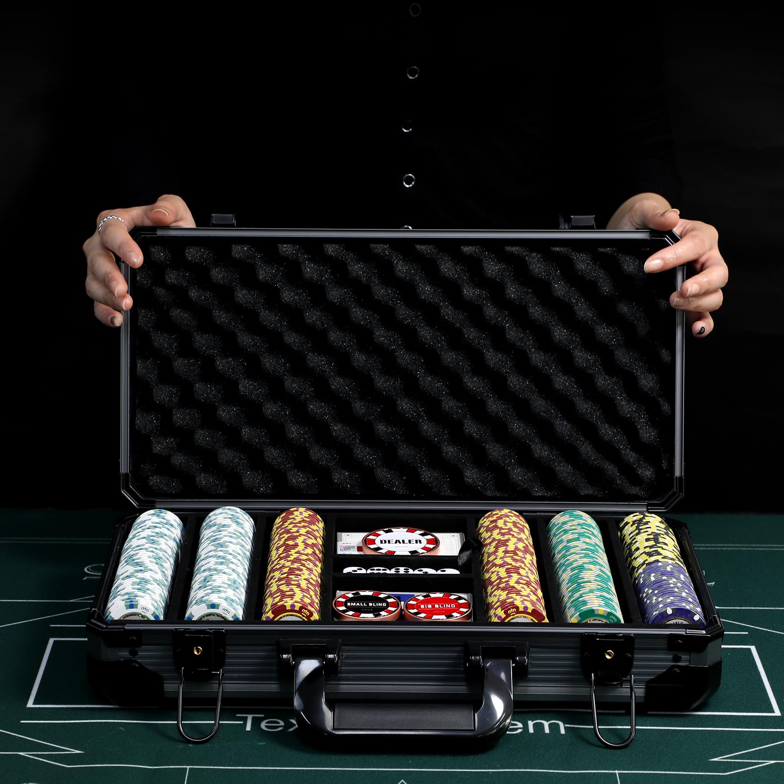Premium 300-Piece 14g Clay Poker Chips Set with Aluminum Case - 39mm Casino-Style Poker Chips, 2 Decks of Plastic Playing Cards & Dealer Button - Perfect for Texas Hold'em, Blackjack, and Home Poker Games