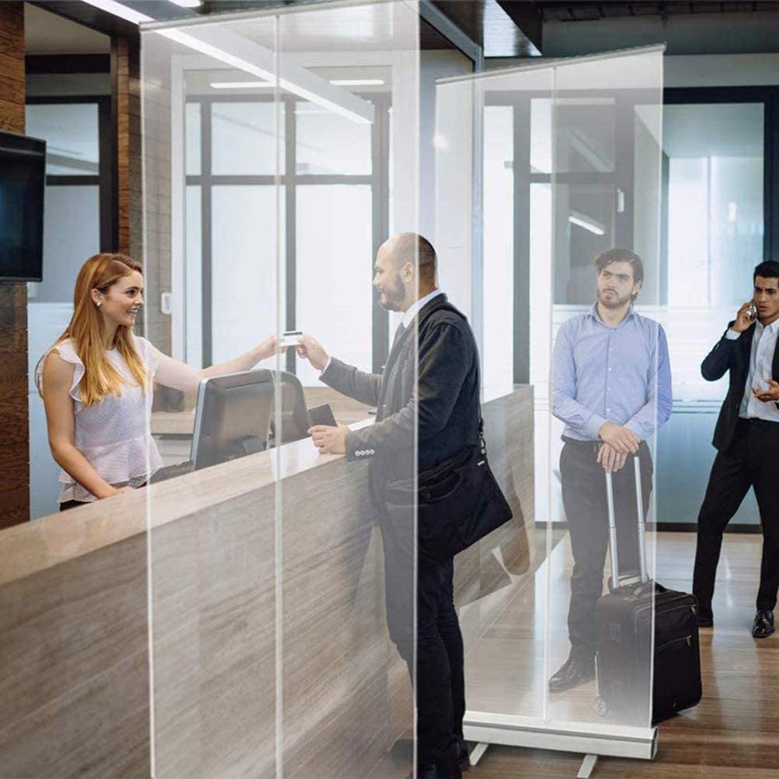 HXFAFA Clear Freestanding Sneeze Guard & Room Divider - Portable Waterproof Plastic Protective Shield for Office, Reception, Counters & Desks - Ideal for Social Distancing in Workplaces, Schools & Public Areas
