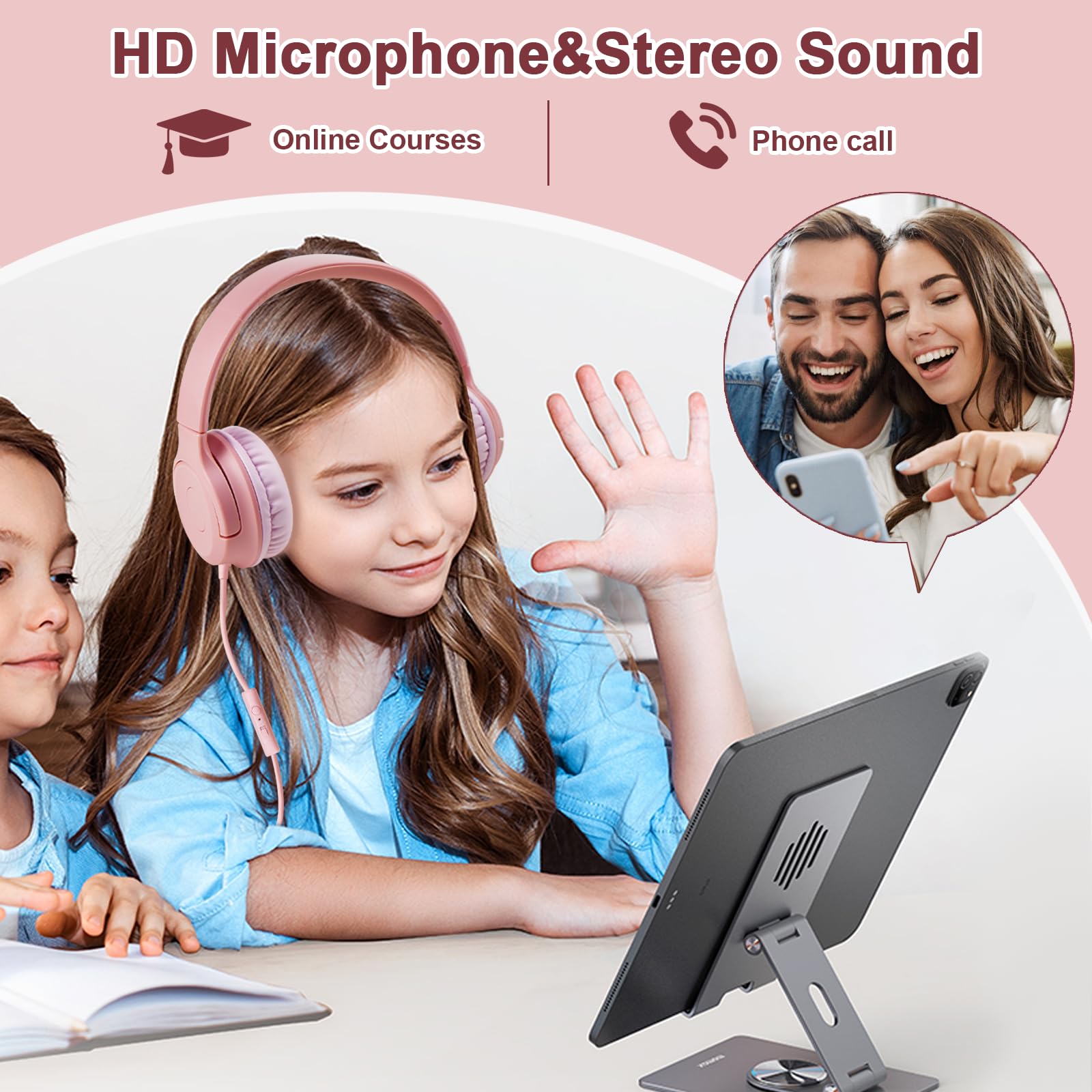 Kids Wired Headphones with Microphone - 85/94dB Safe Volume Limiter, Foldable Over-Ear Headset with 3.5mm Jack for Online Learning, Travel, School & Home Use - Compatible with iPad, Tablet, PC, Laptop - Pink (Ideal for Remote Classes, Gaming & Entertainment)