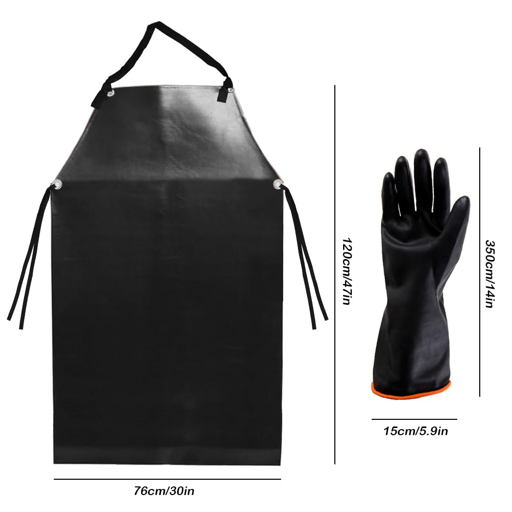 DaKuan Heavy Duty PU Apron & Latex Gloves Set - Waterproof, Acid/Alkali/Oil Resistant Protective Gear for Dishwashing, Lab Work, Butchering & Food Processing | Ideal for Kitchen, Laboratory & Industrial Use
