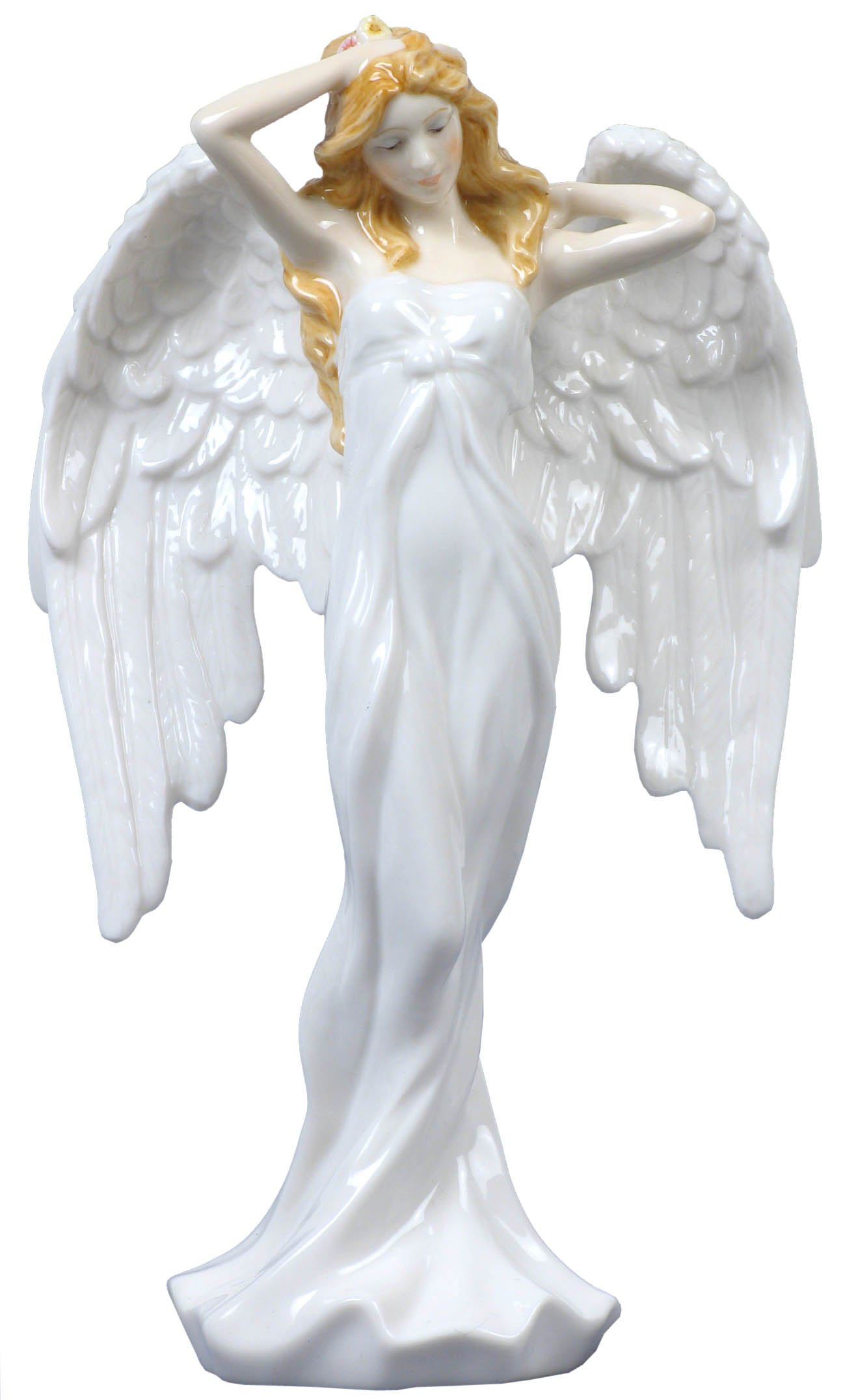 8 Inch White Glazed Porcelain Guardian Angel Figurine - Elegant Angel in White Dress Stroking Hair - Perfect for Home Decor, Gift Giving, and Spiritual Spaces