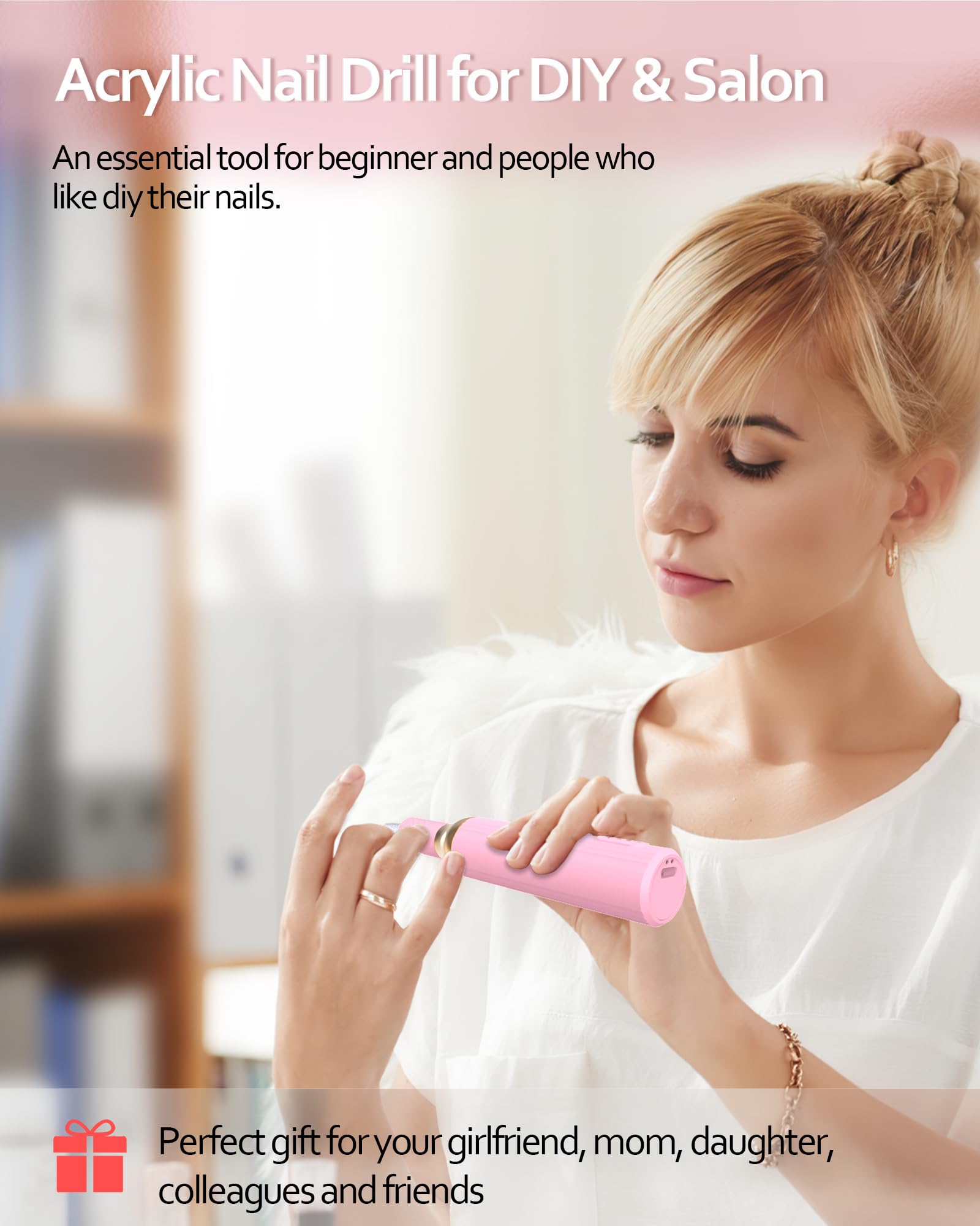 Professional Cordless Electric Nail Drill Kit - Rechargeable Portable Nail File Machine for Gel & Acrylic Nails, Home Salon Manicure Pedicure Tools (Pink) | Perfect for DIY Nail Art, Salon Professionals & At-Home Beauty Care