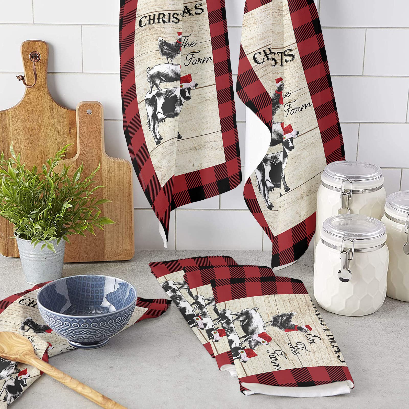 Super Absorbent Microfiber Kitchen Dish Towels 1 Pack - Soft Christmas Farm Animal Design with Red Plaid & Holiday Hats | Multipurpose Cleaning Cloths for Dishes, Hand Drying, Tea Towels in Kitchen, Bathroom & Bar Decor