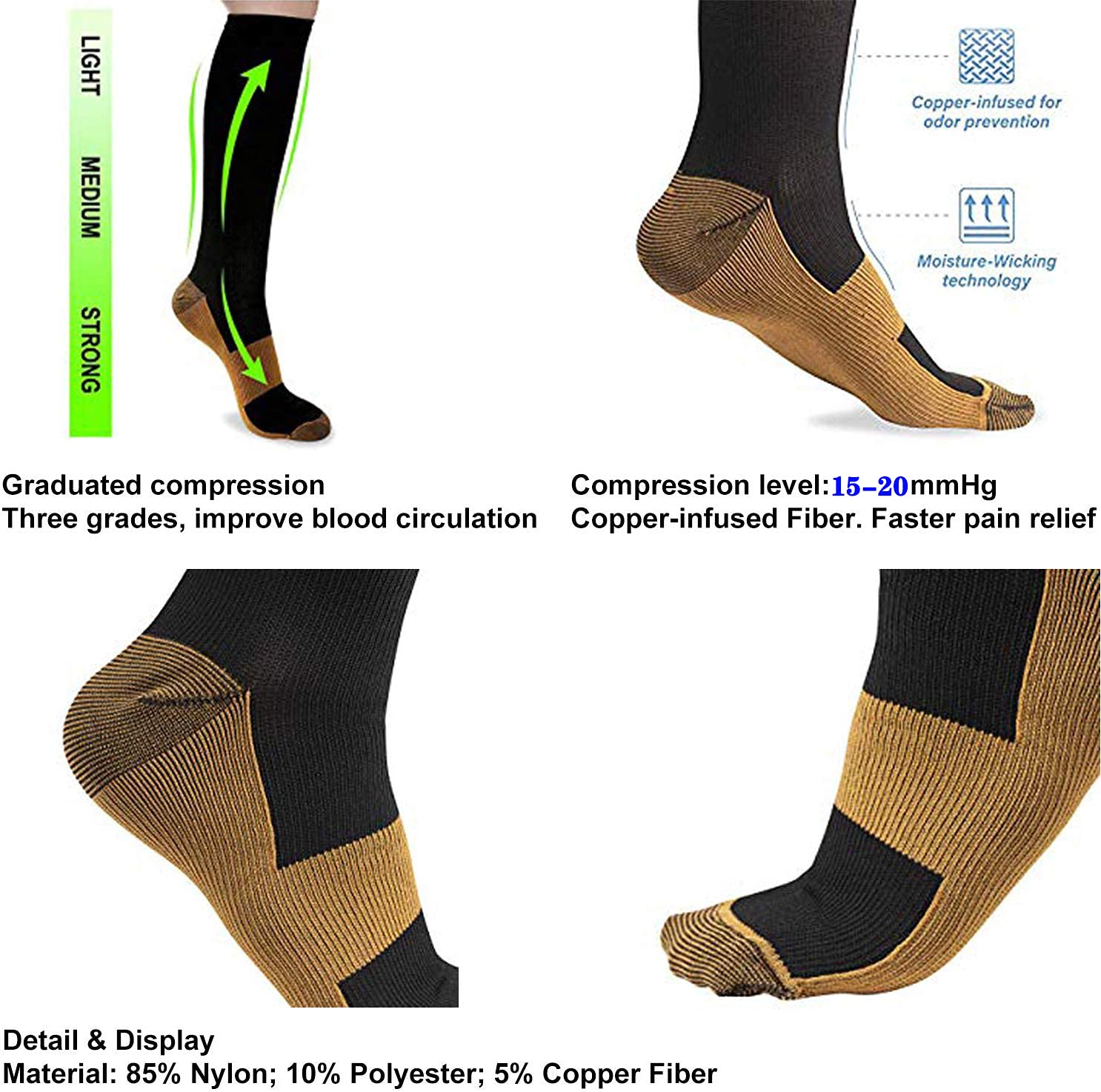 Graduated Copper Compression Socks for Men & Women - 15-20mmHg Medical Grade Support (8 Pairs) - Best for Running, Cycling & Athletic Performance - Improve Blood Circulation & Reduce Swelling - Perfect for Travel, Workouts & Recovery