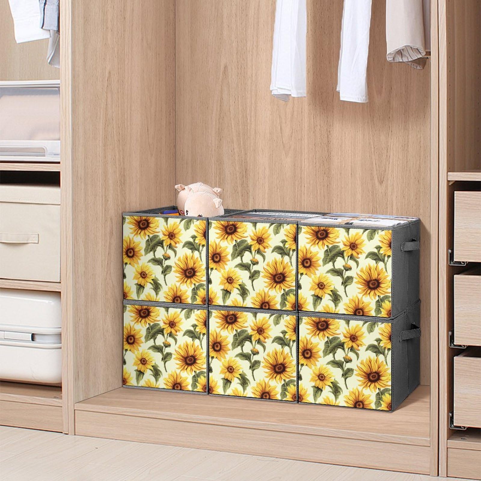 6-Piece Collapsible Storage Bins with Handles - Summer Sunflower Printed Foldable Storage Boxes for Home Organization, Shelves, Closet & Pantry | Space-Saving Home Decor & Multipurpose Storage Solution