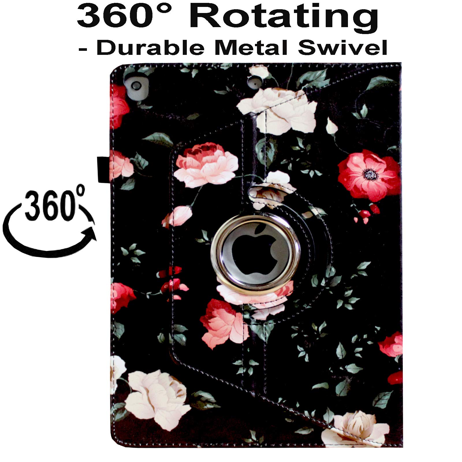 Premium 360° Rotating Case for iPad 9.7 (2018/2017) & iPad Air 1/2 - Multi-Angle Stand with Auto Wake/Sleep, Storage Pocket & Pencil Holder (Black Floral) - Perfect for Work, Study & Entertainment