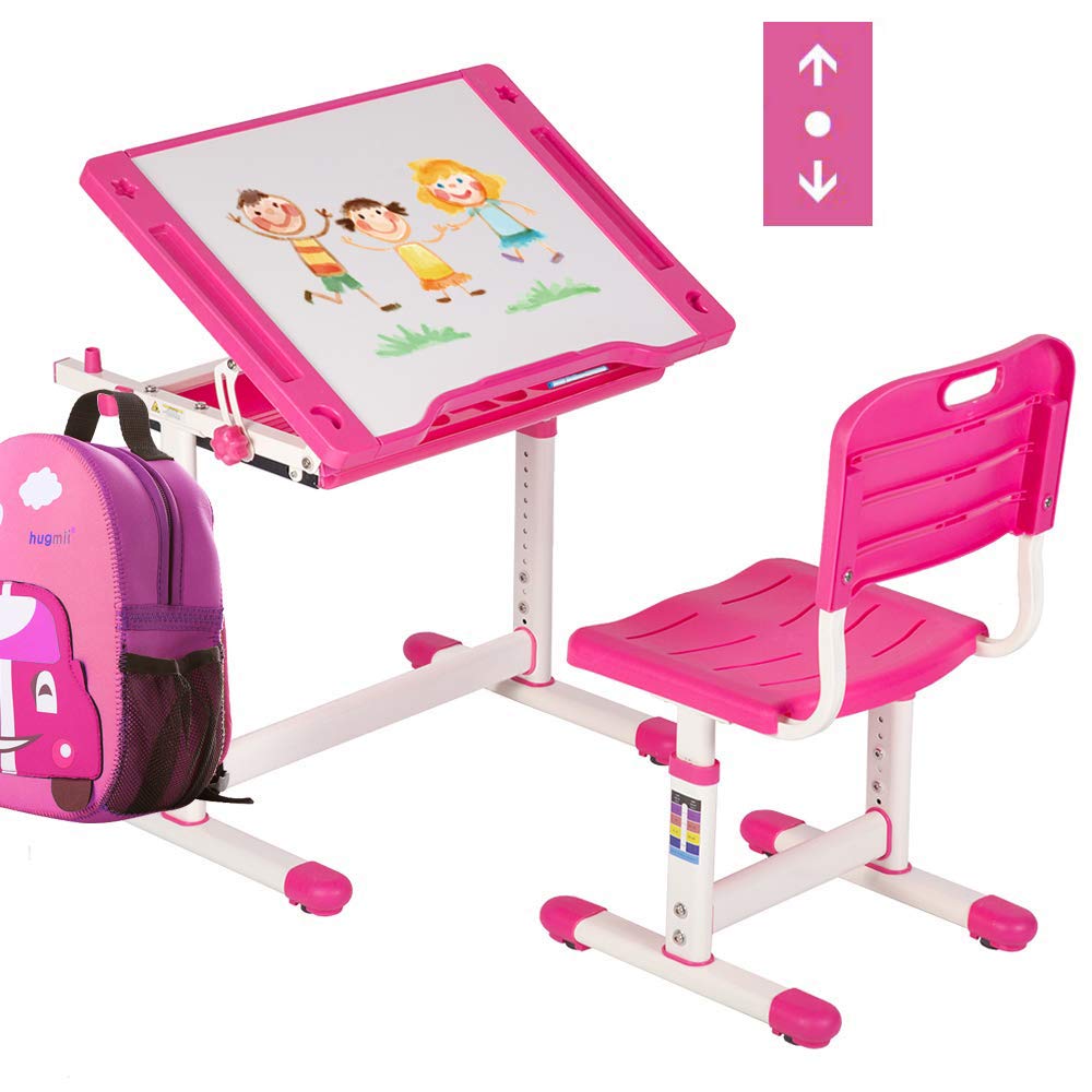 Bigacc Adjustable Kids Desk and Chair Set - Height Adjustable Study Table with Sliding Storage Drawer for Children Ages 3-15 - Perfect for Homework, Online Learning & Creative Activities - Pink