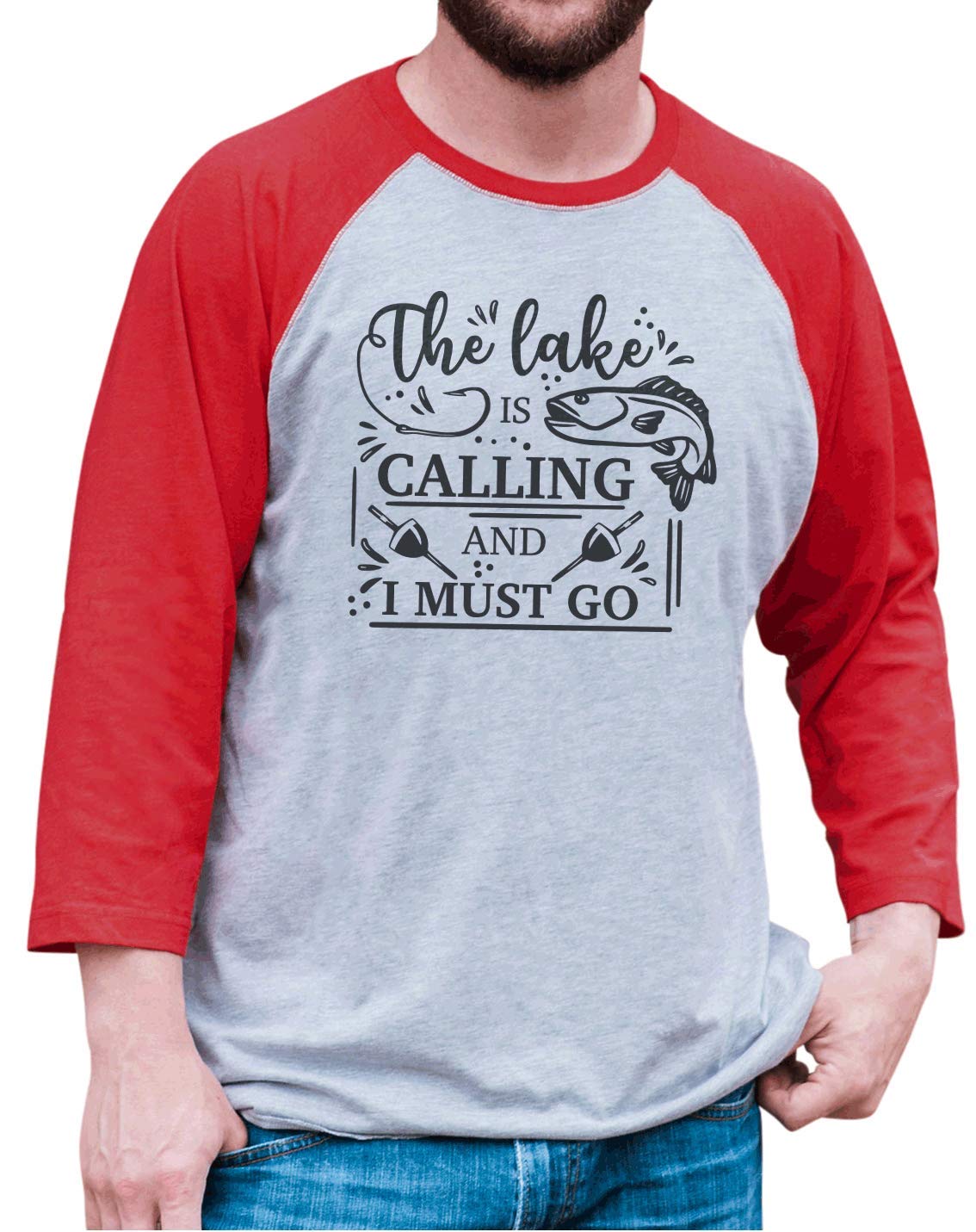 7 ate 9 Apparel Men's The Lake is Calling Raglan Red T-Shirt - Comfortable Casual Wear for Outdoor Activities, Camping & Weekend Relaxation