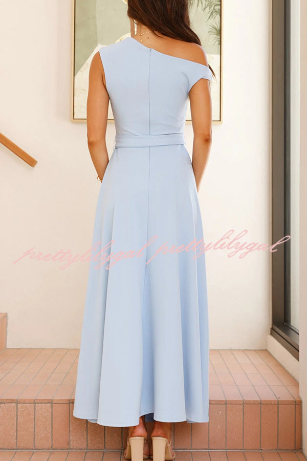 Elegant Solid Color Sloped Collar Slim Fit Waist Lace Up Maxi Dress for Women | Formal & Casual Occasions | Perfect for Weddings, Parties & Date Nights
