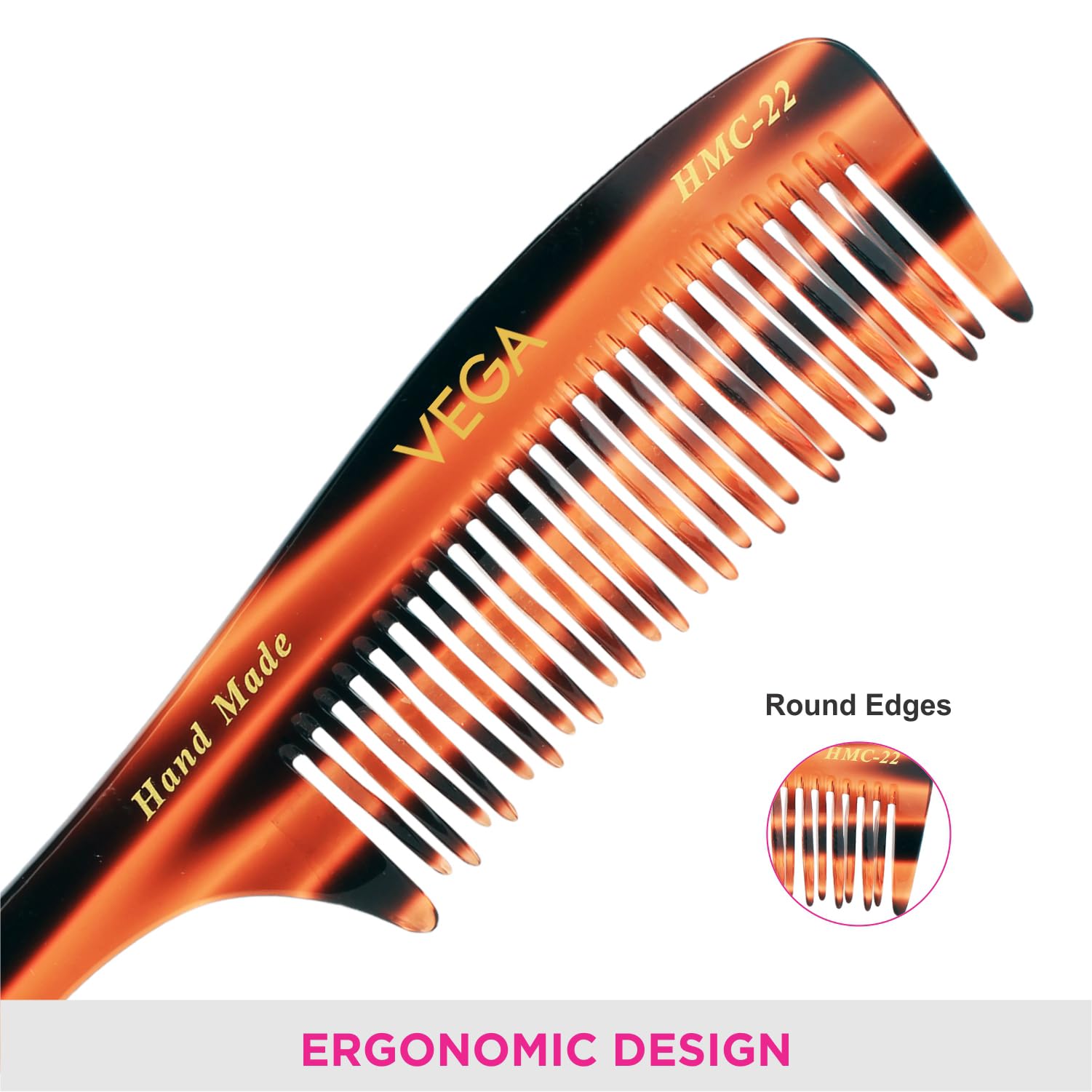 Vega Tortoise Shell Detangling Hair Comb for Men & Women – 2 Rows Anti-Static Wide Tooth Comb, Handmade in India (HMC-22) | Perfect for Wet Hair, Thick Hair & Curly Hair Care