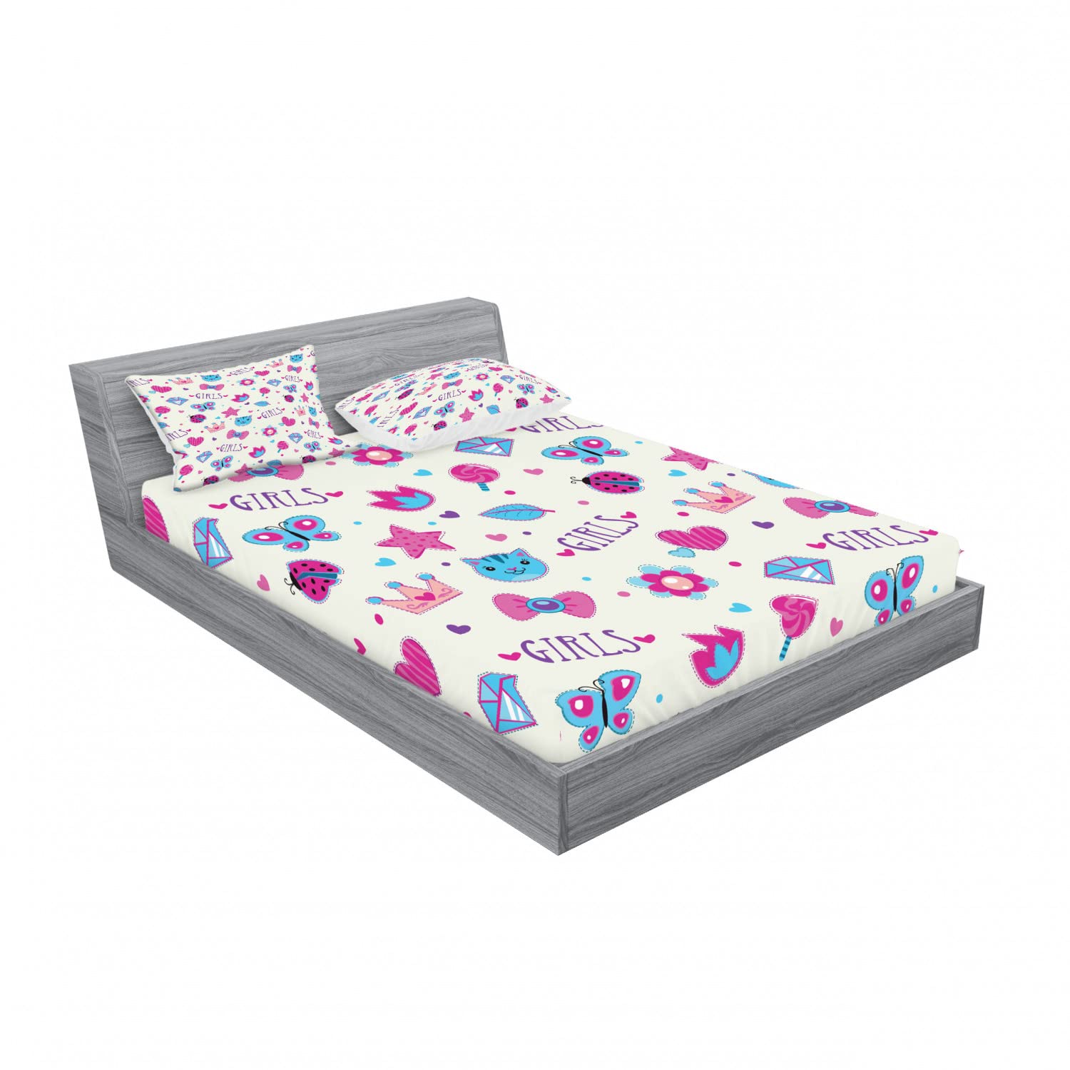 Ambesonne 2-Piece Queen Fitted Sheet Set with 4 Pillow Shams - Fun Bowtie Ladybird Cat Print Bedding in Fuchsia & Blue - Soft Microfiber Sheets for Women's Bedroom Decor & Gift Ideas