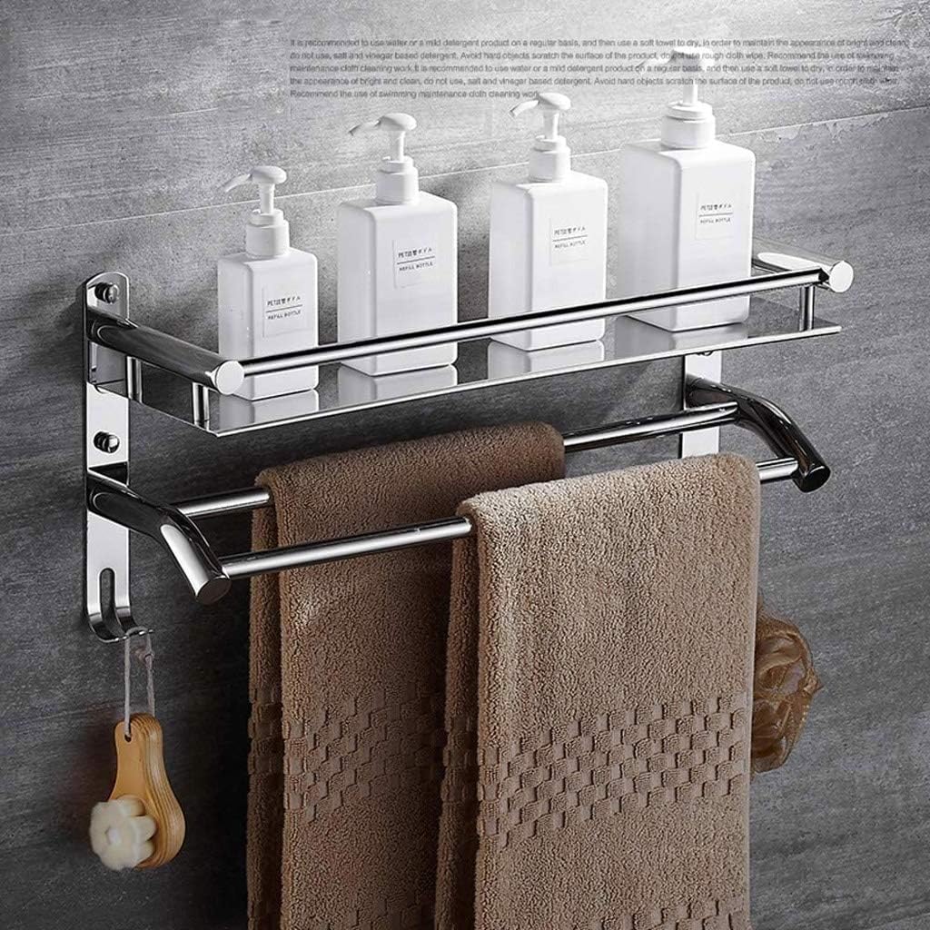 Stainless Steel Bathroom Shelf with Towel Bar & Hooks - Wall Mount Organizer for Kitchen & Bathroom Storage - Perfect for Towels, Toiletries & Accessories - Silver