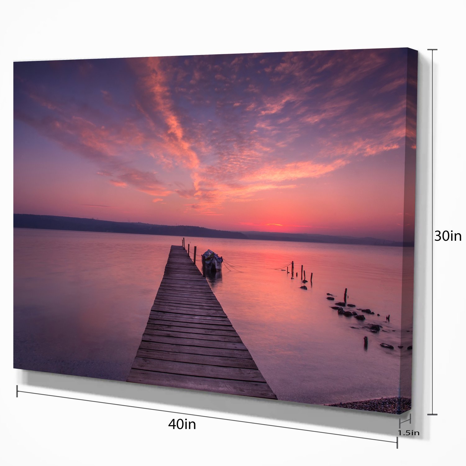 Wooden Pier Under Red Sky Seascape Canvas Wall Art Print - Coastal Beach Decor for Living Room, Bedroom & Office