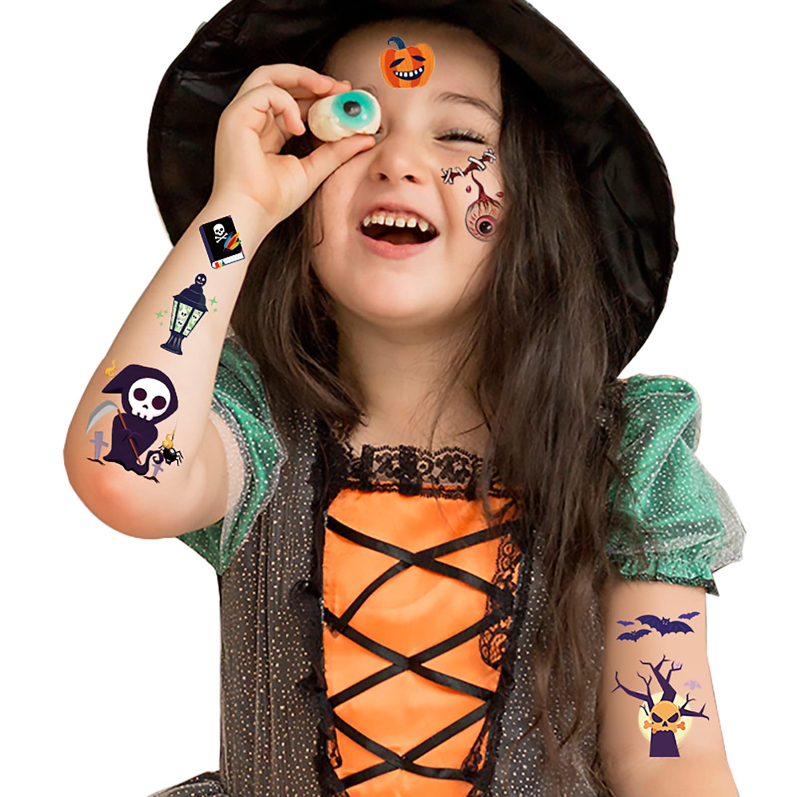 300 PCS Temporary Tattoos - 20 Sheet Waterproof Halloween Pumpkin Witch Skeletons Tattoo Stickers for Kids, Teens & Adults | Perfect for Halloween Parties, Costume Accessories & Spooky Decorations