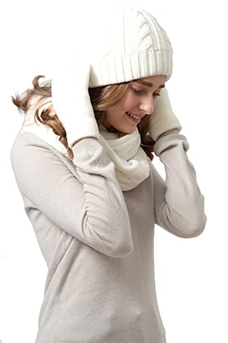 Cable Knit Hat Gloves Scarf 3 Pcs Set: White