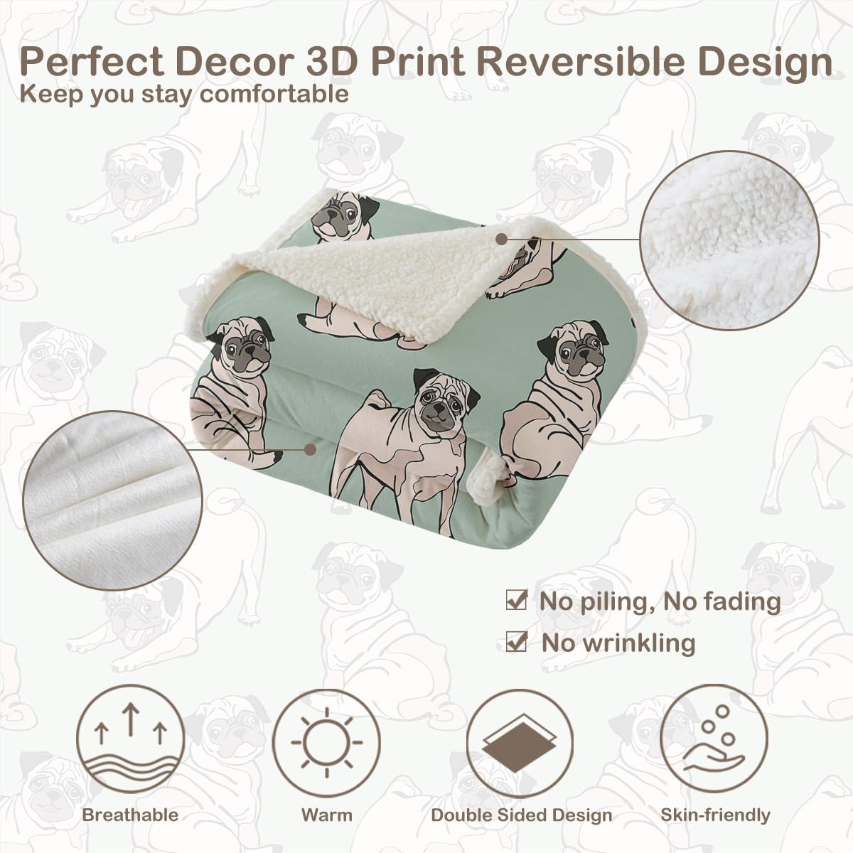 Soft Pug Fleece Throw Blanket for Kids & Adults - Cute Dog Sherpa Blanket, Green (50