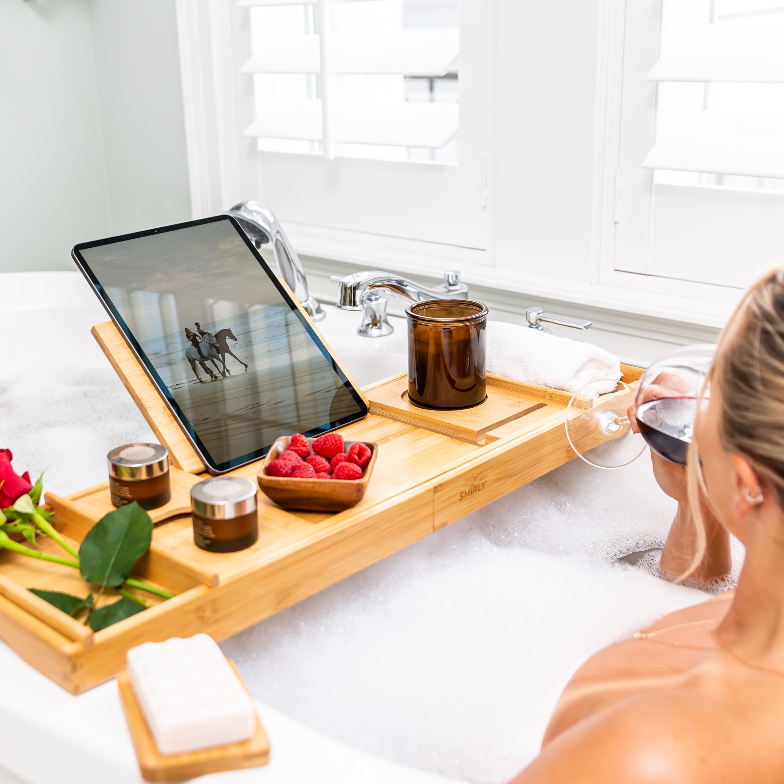 SMIRLY Expandable Bamboo Bathtub Tray - Adjustable Wooden Bath Caddy with Non-Slip Pads | Perfect for Reading, Relaxing & Spa Days in the Tub | Bathtub Accessories for Ultimate Bath Experience