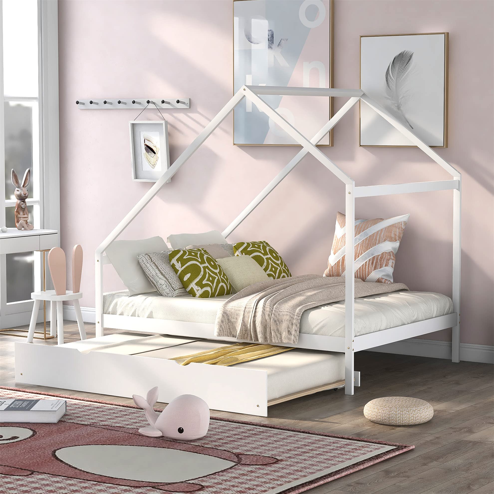 Full Size House Bed with Trundle - Solid Wood Platform Daybed Frame for Kids & Teens (White) | Perfect for Toddler Rooms, Guest Beds & Small Spaces