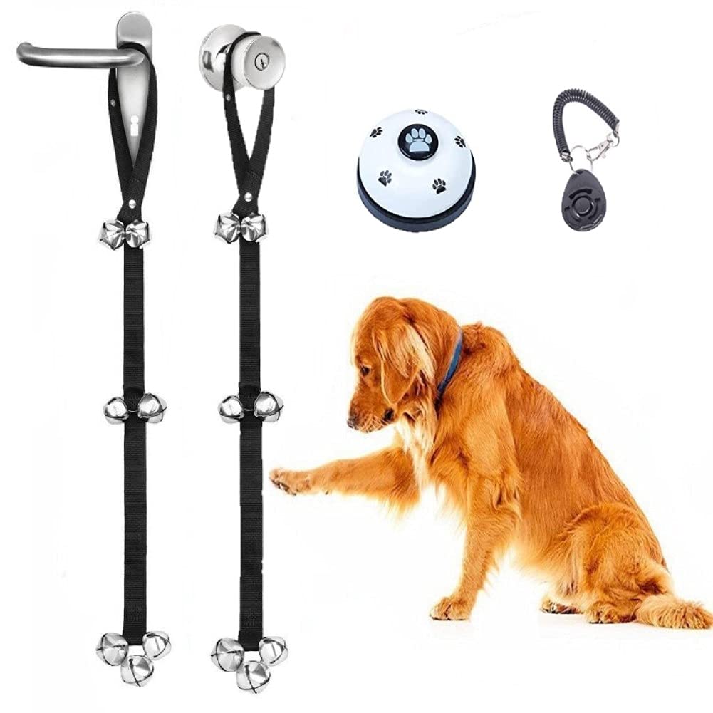 LALFPET 4 Pack Dog Training Kit (2 Door Bells + 1 Clicker + 1 Training Bell) - Adjustable Puppy Potty Training Bells for Door Knob - Black - Perfect for Housebreaking & Obedience Training at Home