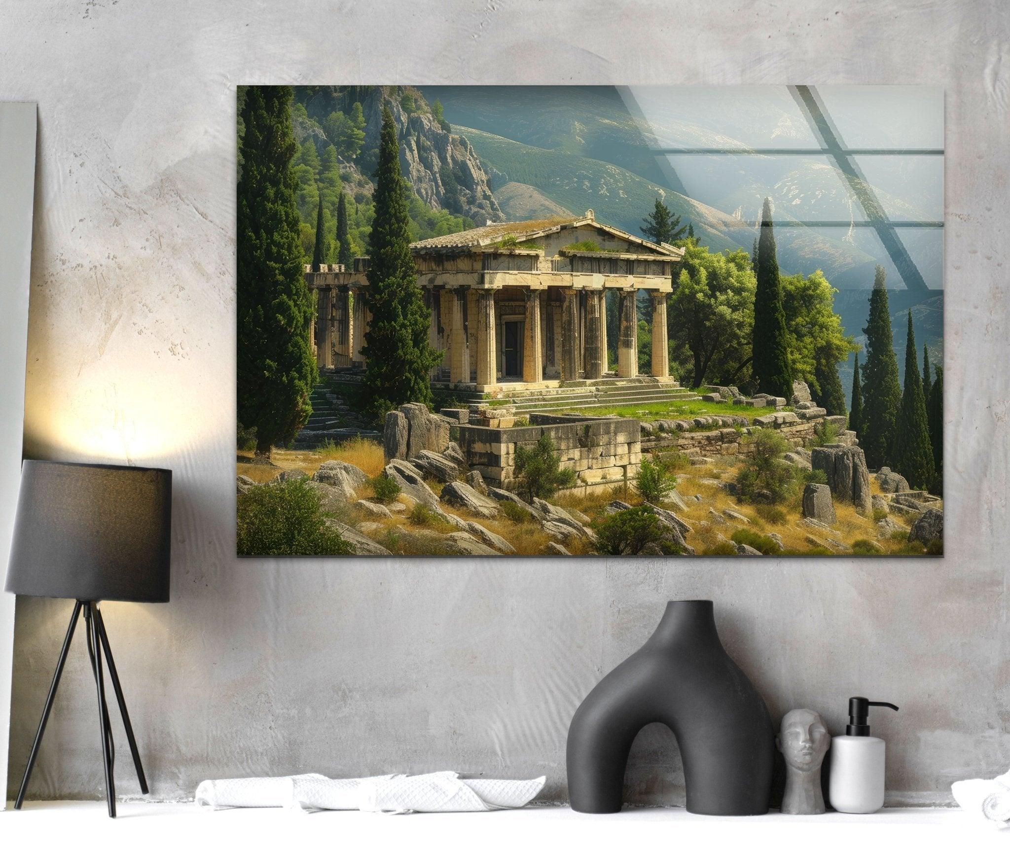 Ancient Greek Temple Stained Glass Wall Art - Handmade Window Panel for Home Decor, Church, and Office