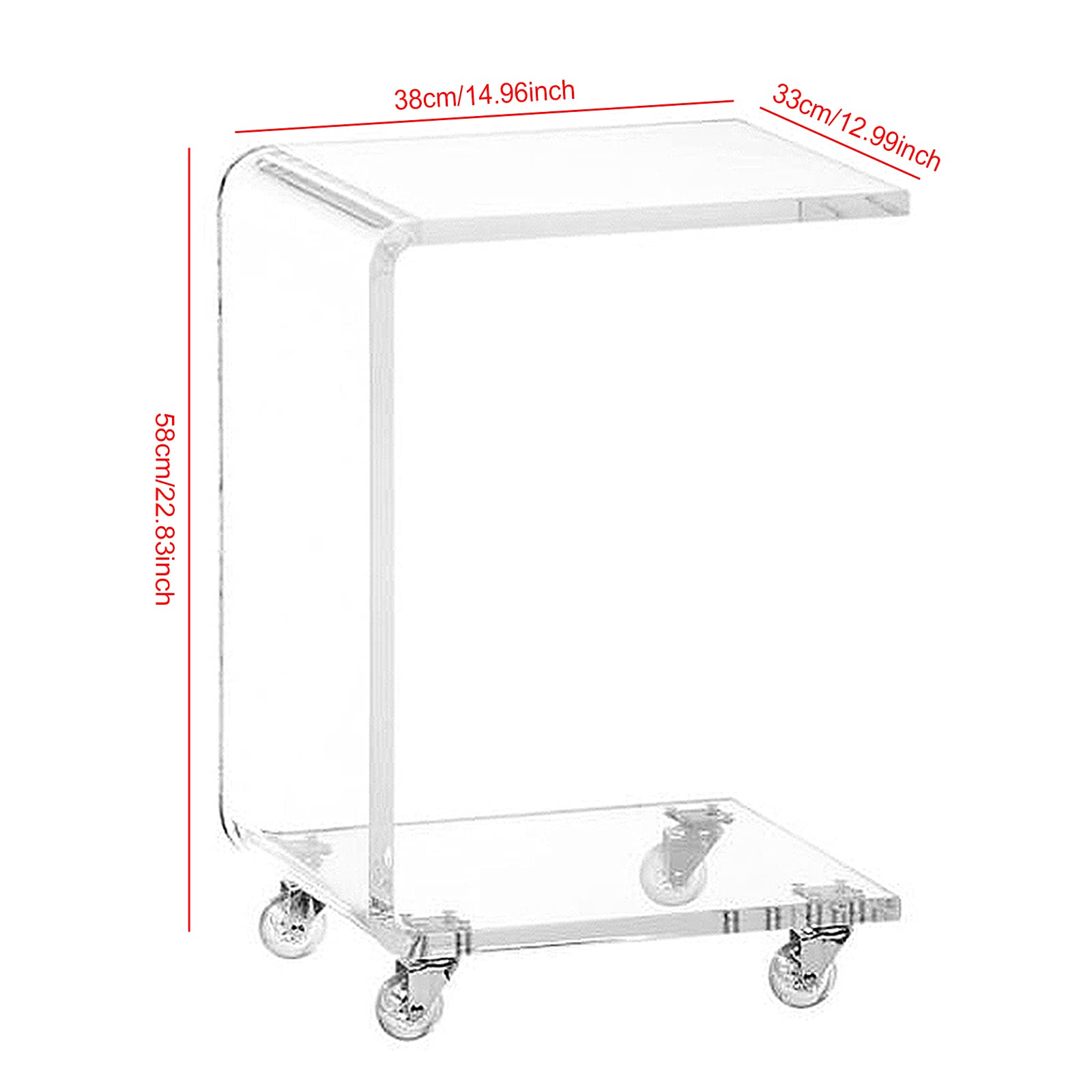 Clear Acrylic C-Shaped Rolling Side Table with Wheels - Portable End Table for Snacks, Coffee, Notebook & Tablet - Perfect for Bed, Sofa & Living Room Use