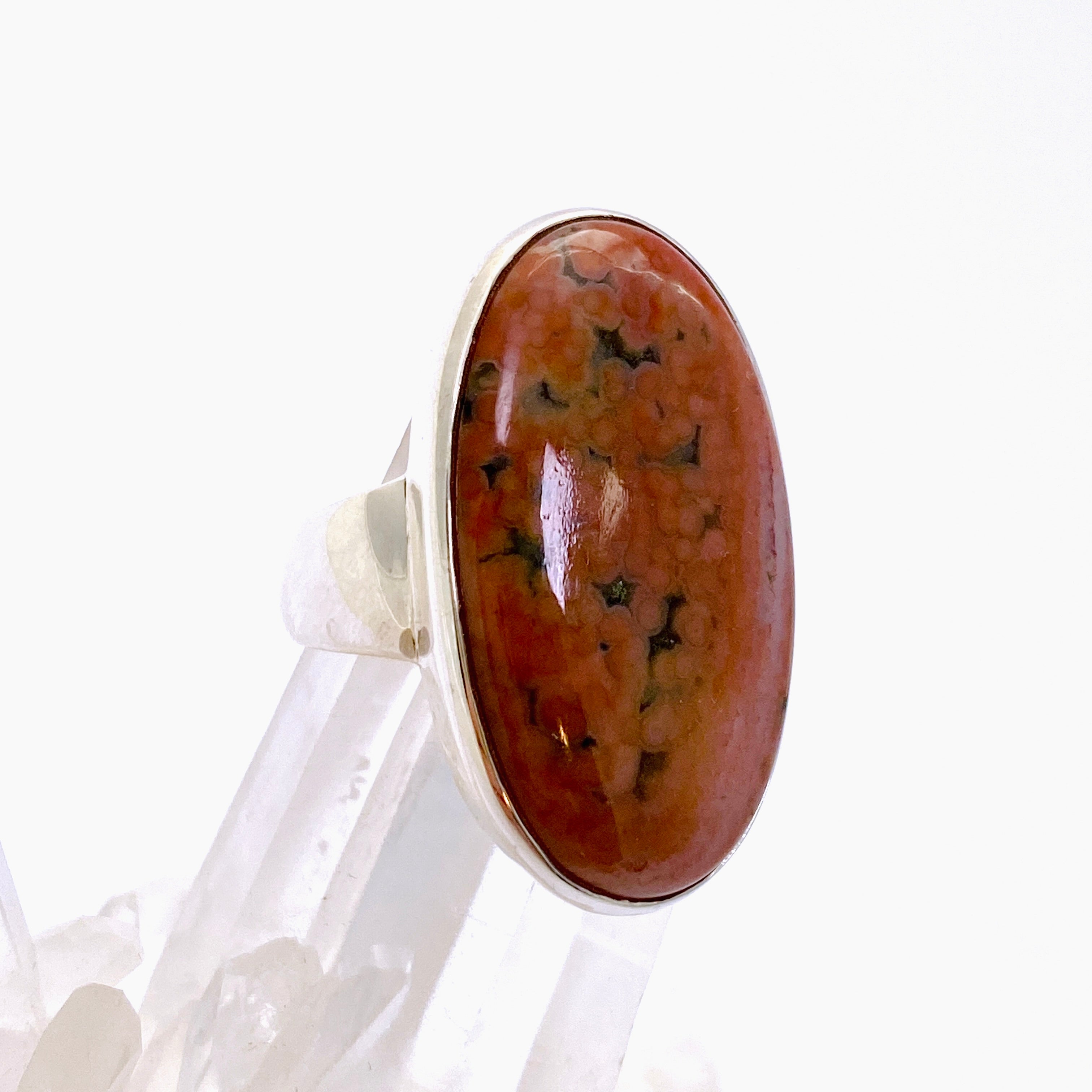 Ocean Jasper Oval Cabochon Ring - Size 8 - Natural Stone Jewelry - Handmade Silver Ring for Women - Perfect for Boho Style, Meditation & Spiritual Healing