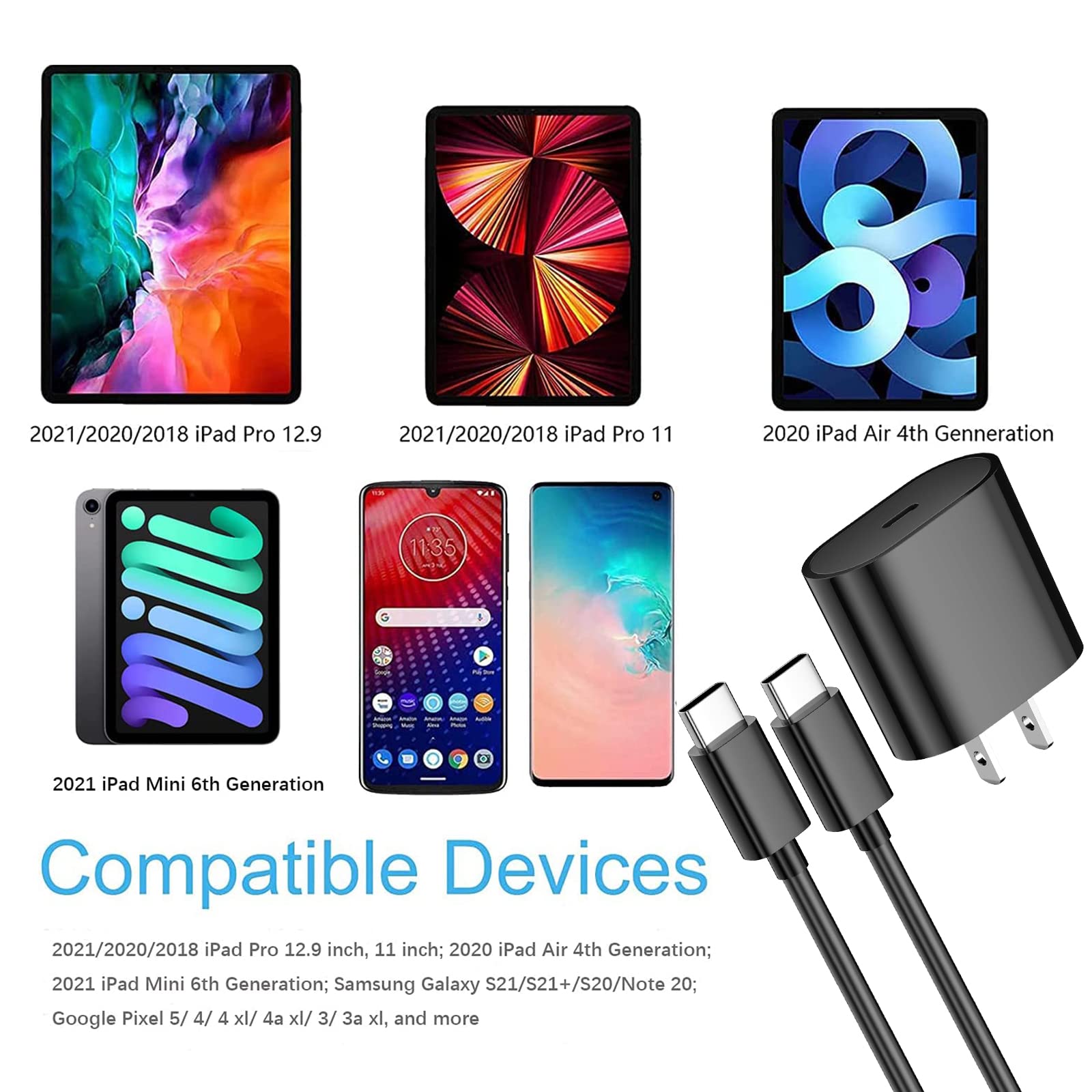 20W USB C Fast Charger for iPad Pro 13/12/11 inch (2024/2021/2020/2018), iPad Air 13/11 inch (5th/4th Gen), iPad Mini 6th Gen - PD Wall Charger with 6.6ft USB C to C Cable - Fast Charging for Home, Office & Travel
