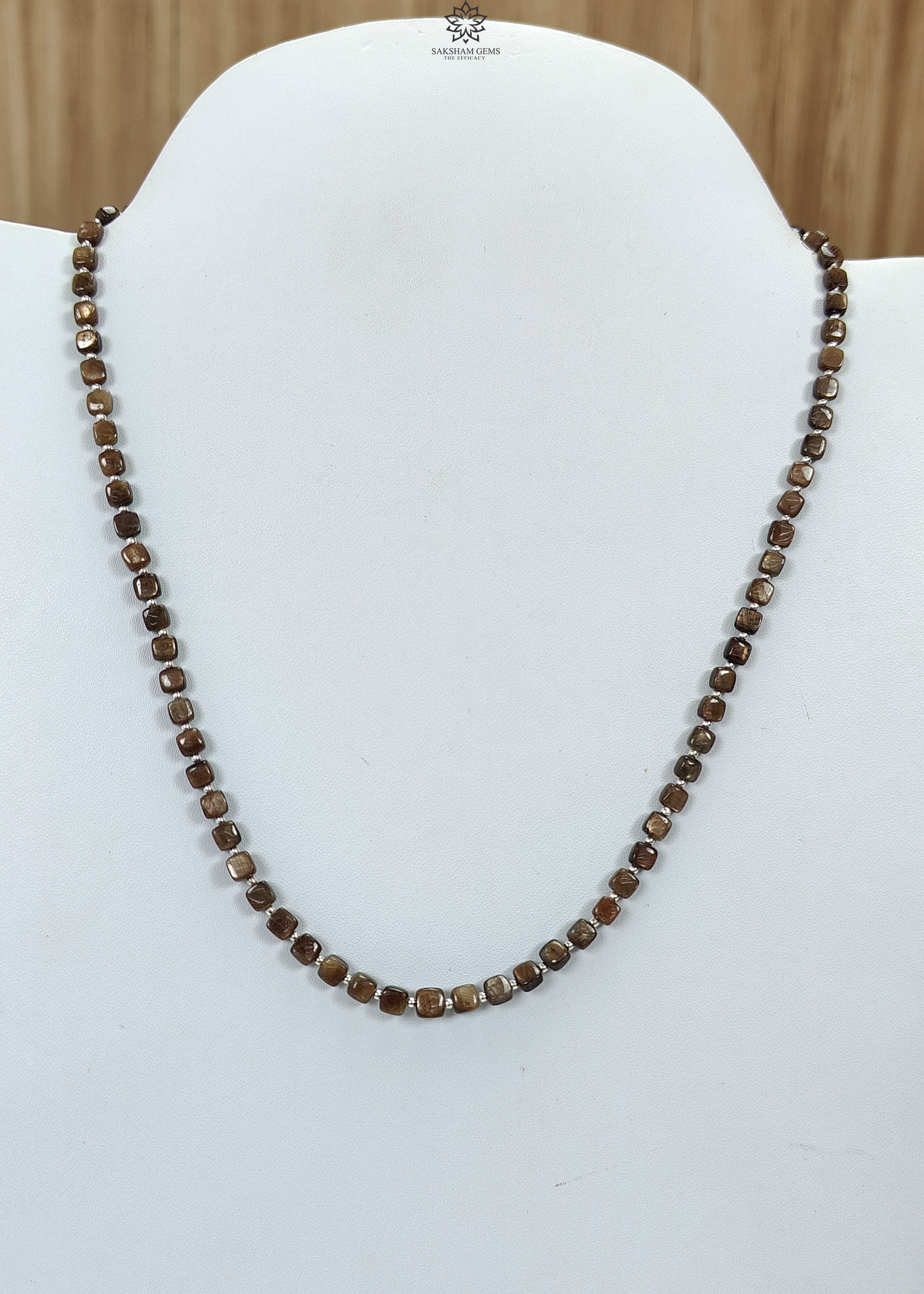 Natural Golden Brown Chocolate Sapphire Gemstone Beads Necklace - 15.75gms Cushion Cut 925 Sterling Silver Jewelry (4mm, 19