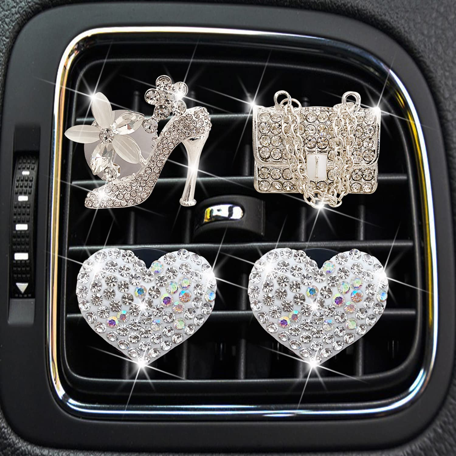 Sparkling Crystal Heart Car Air Freshener Vent Clips - 4 Pack Rhinestone Bling High Heel & Bag Shaped Car Diffusers - Elegant Diamond Car Decor Accessories for Women | Perfect for Car Interior Decoration, Gift Giving & Personalizing Your Vehicle