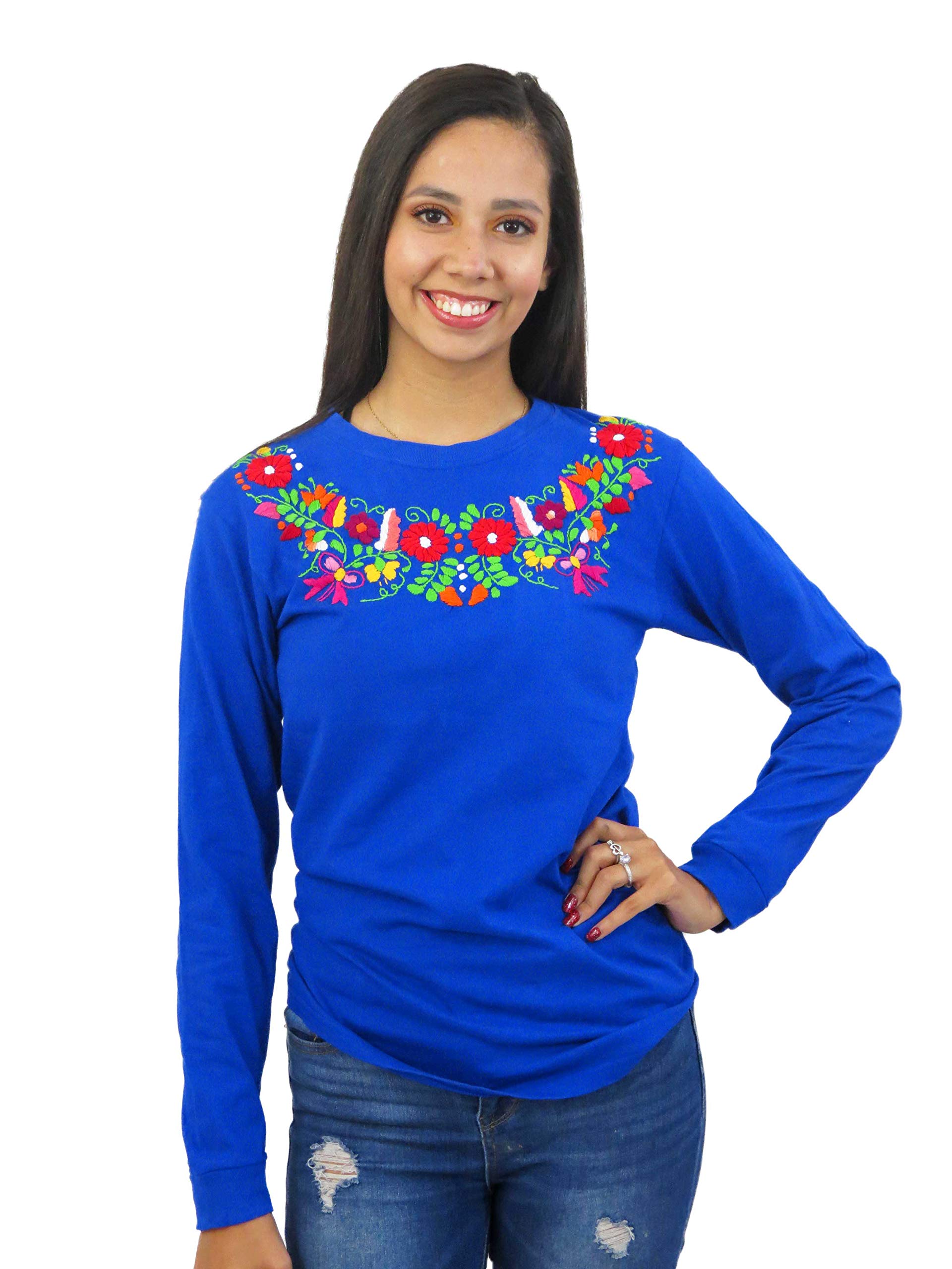 Authentic Mexican Hand Embroidered Long Sleeve T-Shirt for Women | Traditional Folk Art Cotton Top | Perfect for Festivals, Vacations & Boho Fashion