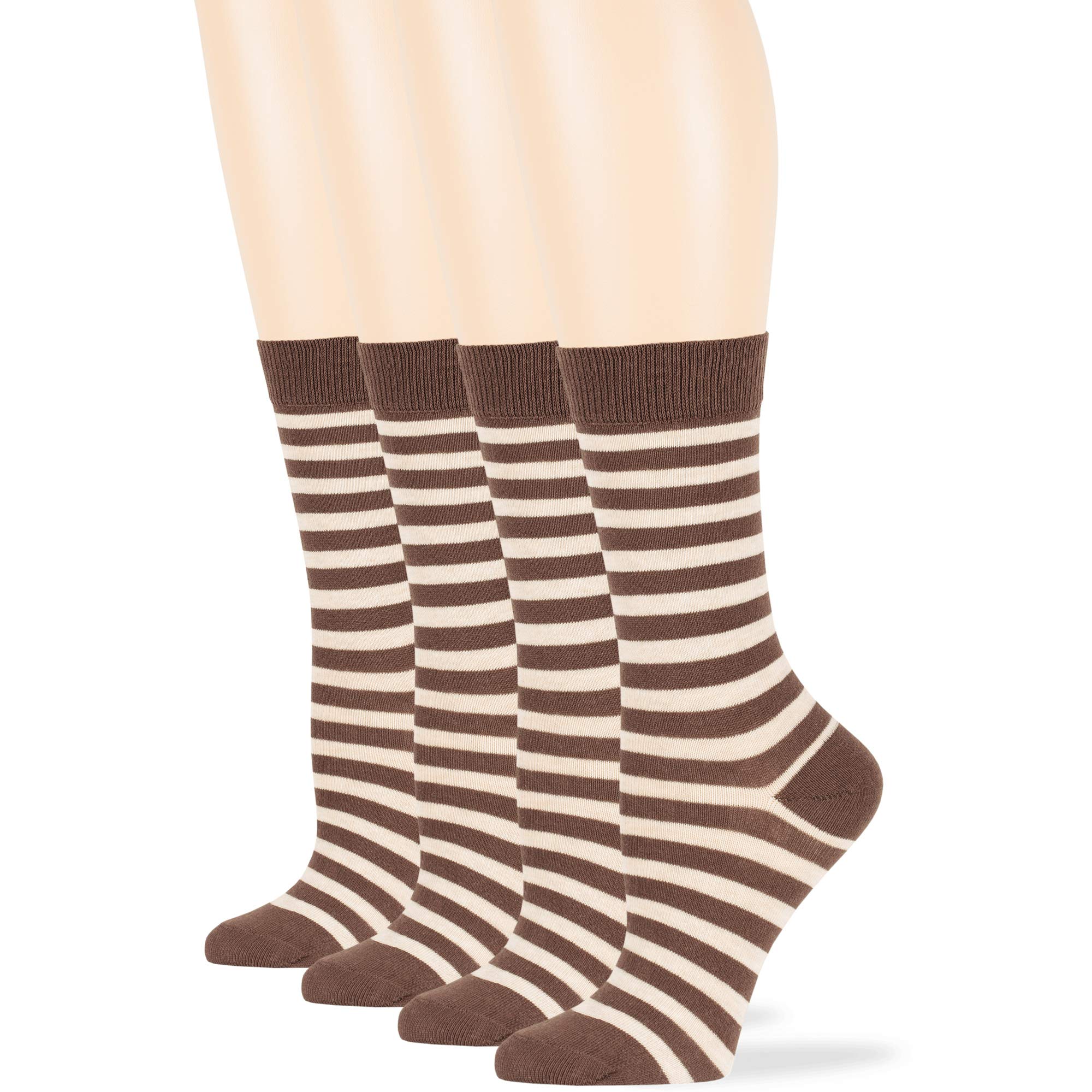 7BigStars Women's Cotton Crew Socks 4-Pack - Striped Assorted Colors (Black, Brown, Blue, Grey, Beige, Khaki, Olive Green) - Soft Everyday Casual Socks for Work, Office & Home Wear
