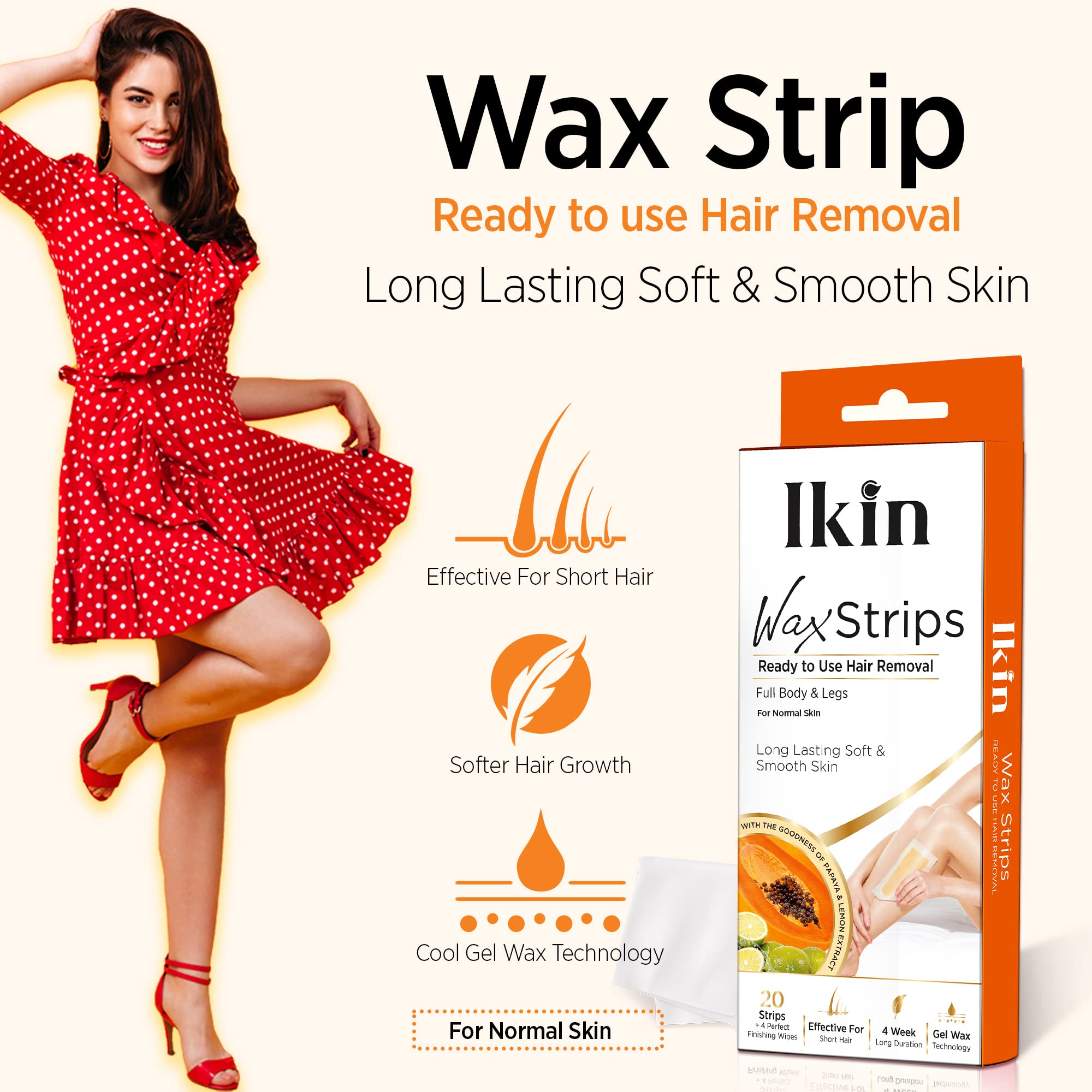 Ikin Instant Wax Strips with Papaya & Lemon Extract for Women - 20 Count | Long-Lasting Hair Removal for Normal Skin | Cold Gel Wax for Soft & Smooth Skin | Up to 4 Weeks of Smoothness | Includes 4 Perfect Wipes | Perfect for Legs, Arms, Bikini & Underarms