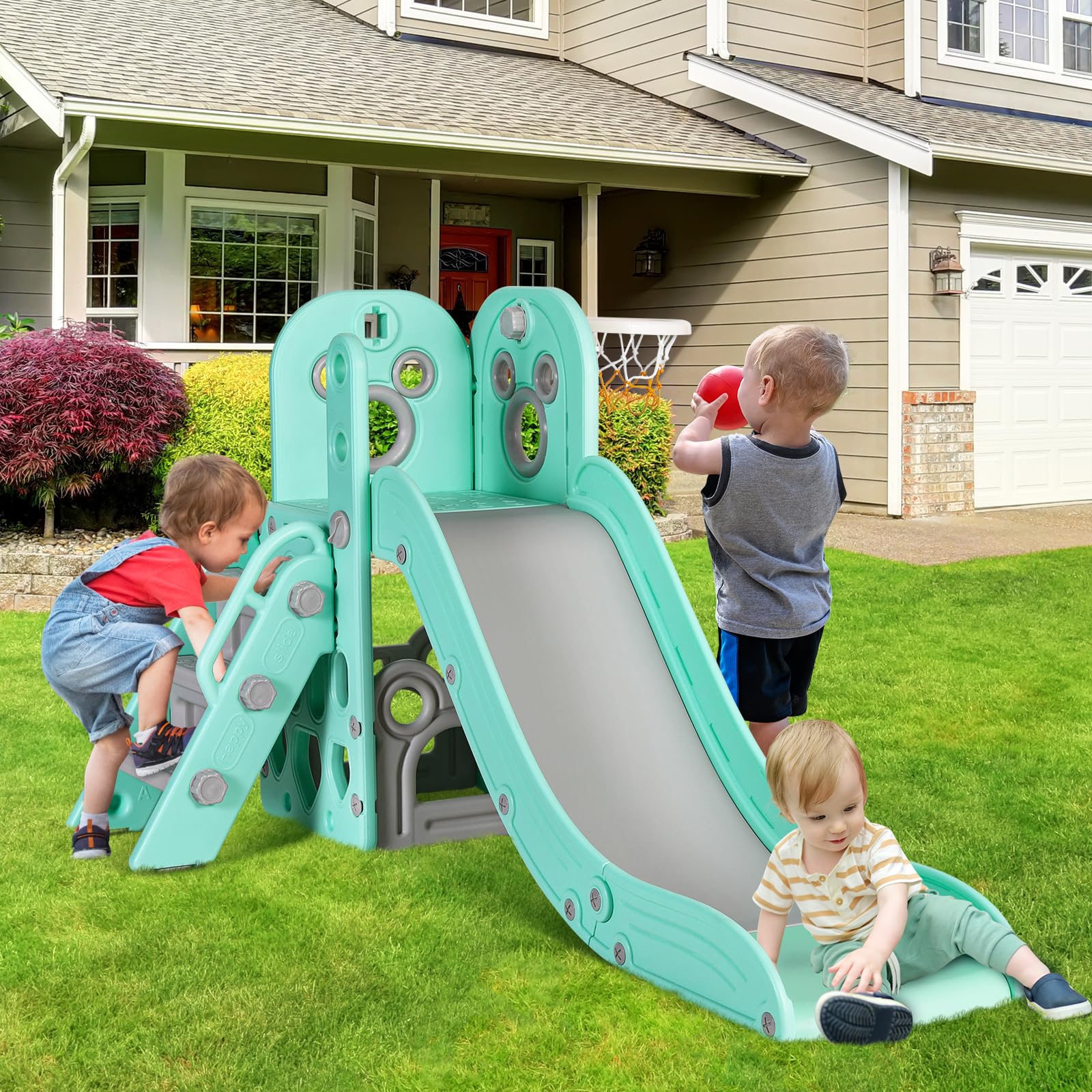 Arlopu 5-in-1 L-Shaped Kids Slide Climber Set with Basketball Hoop, Storage Space & Non-Slip Steps - Indoor/Outdoor Toddler Playset for Boys & Girls Ages 3+ (Light Green) | Perfect for Backyards, Playrooms & Birthday Gifts
