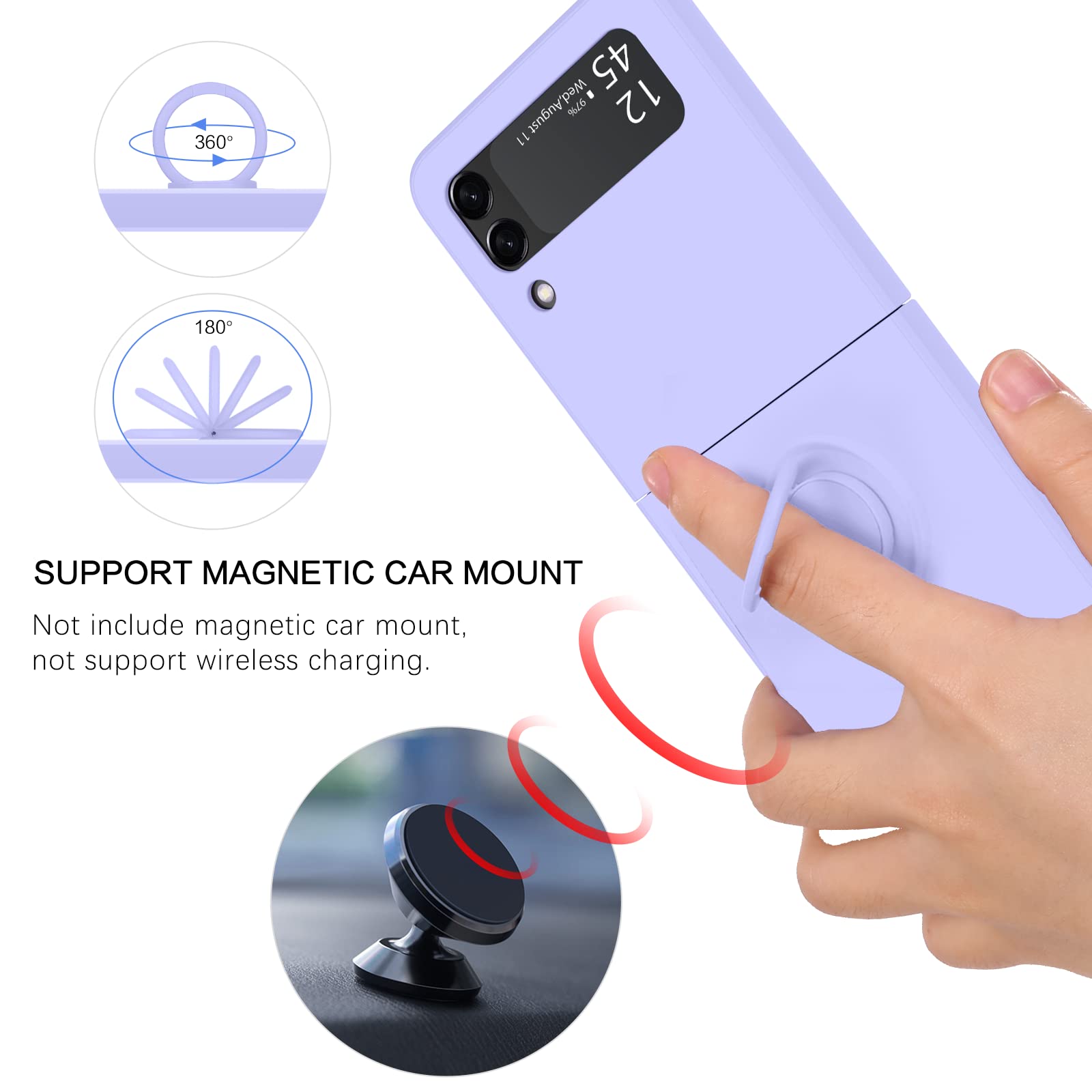 VENINGO Galaxy Z Flip 3 Case - Slim Silicone Protective Cover with Non-Slip Grip & Kickstand for Samsung Z Flip 3 5G (6.7 Inch) - Shockproof Bumper Phone Case for Women & Men - Lavender Purple - Perfect for Daily Use, Travel & Work Protection