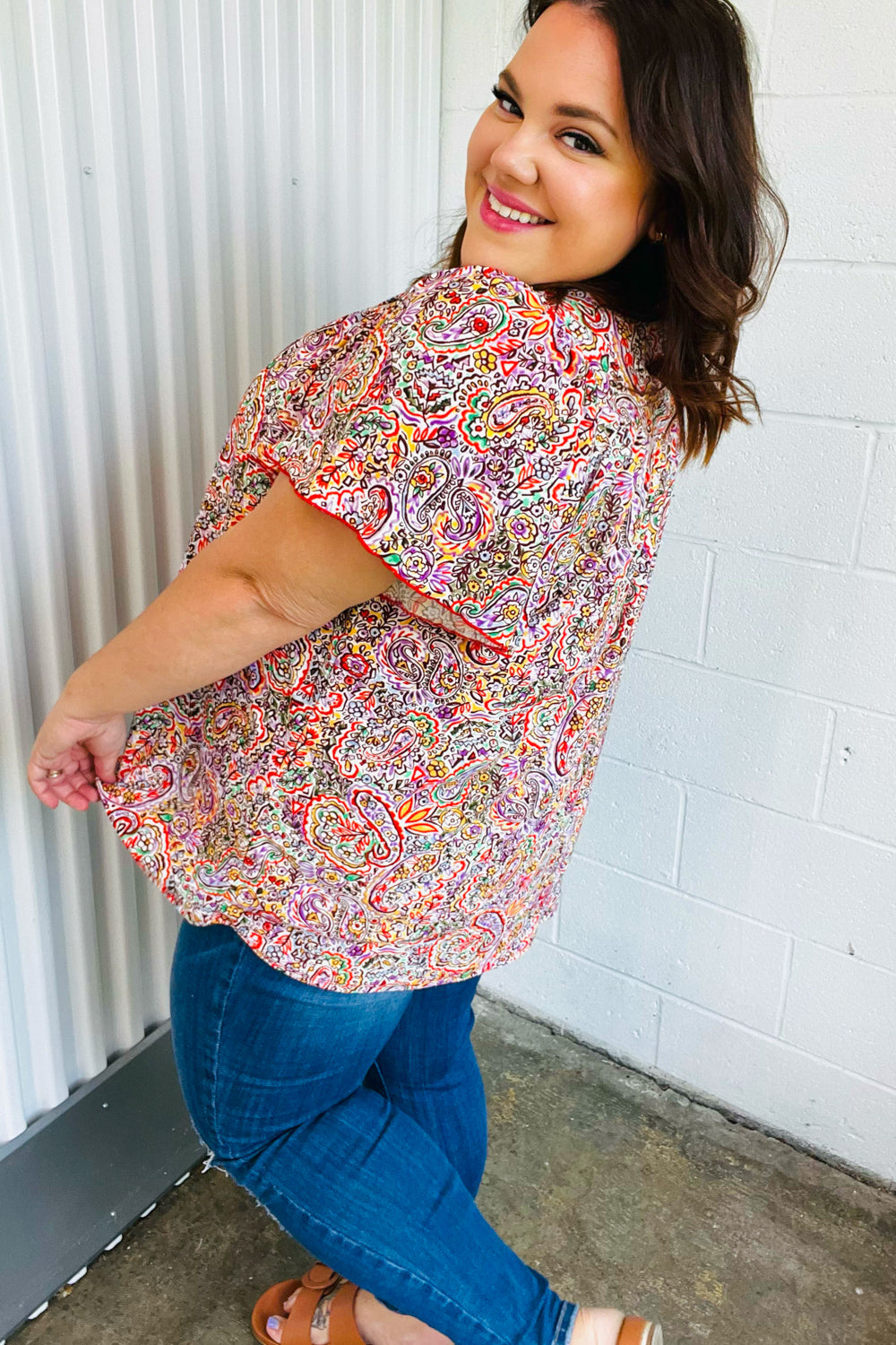 Boho Paisley Print Dolman Top with Tie Neck - Plum & Multicolor Floral Blouse for Women | Perfect for Casual Outings, Music Festivals & Beach Vacations