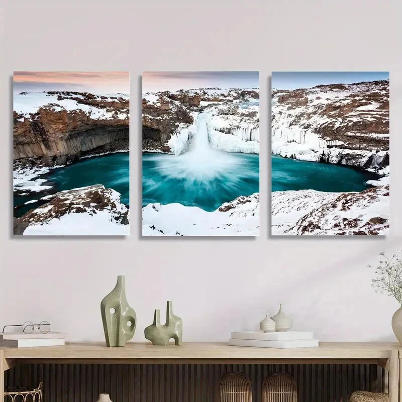 3-Piece Iceland Waterfall Winter Snow Scene Metal Wall Art - Ready to Hang Nordic Landscape Prints for Living Room, Bedroom & Office Decor