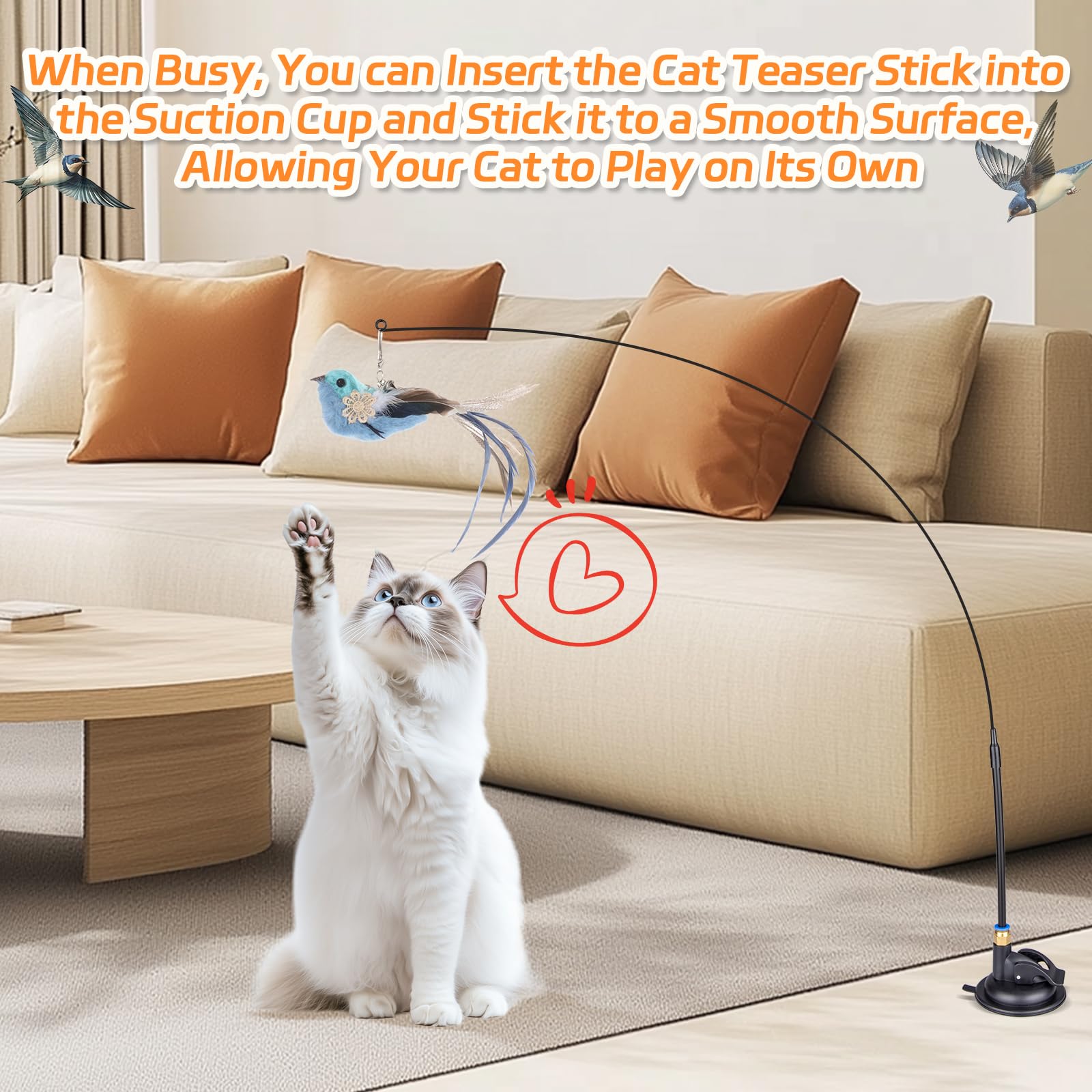 10PCS Interactive Cat Feather Toys with 2PCS Detachable Suction Cups & 6PCS Bell Teaser Refills - Perfect for Indoor Play, Exercise & Bonding with Your Kitty