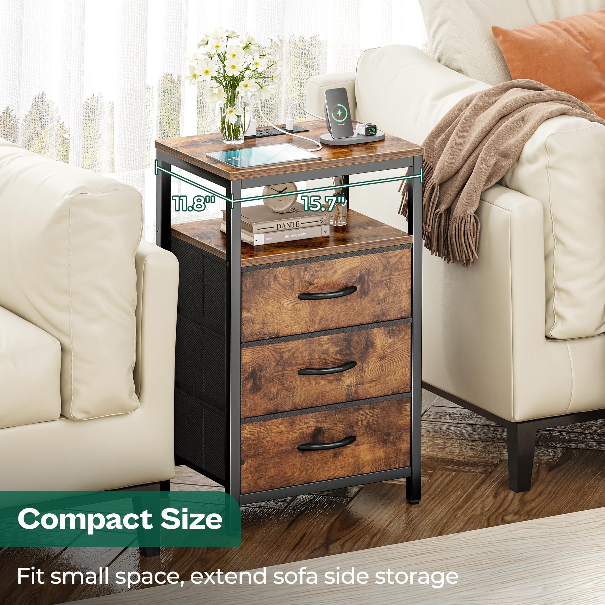 Huuger 27.6 Inch Nightstand with USB Charging Station & Fabric Drawers - Rustic Brown Bedside Table with Outlets for Bedroom | Perfect for Small Spaces, Apartment Living & Modern Home Decor