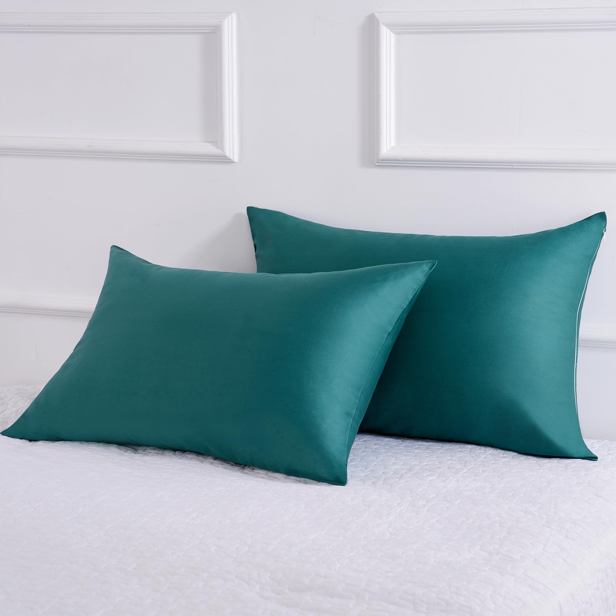 2 Pack Queen Size Cooling & Breathable Cotton Pillow Protectors with Zipper - Teal Blue Pillow Cases (20