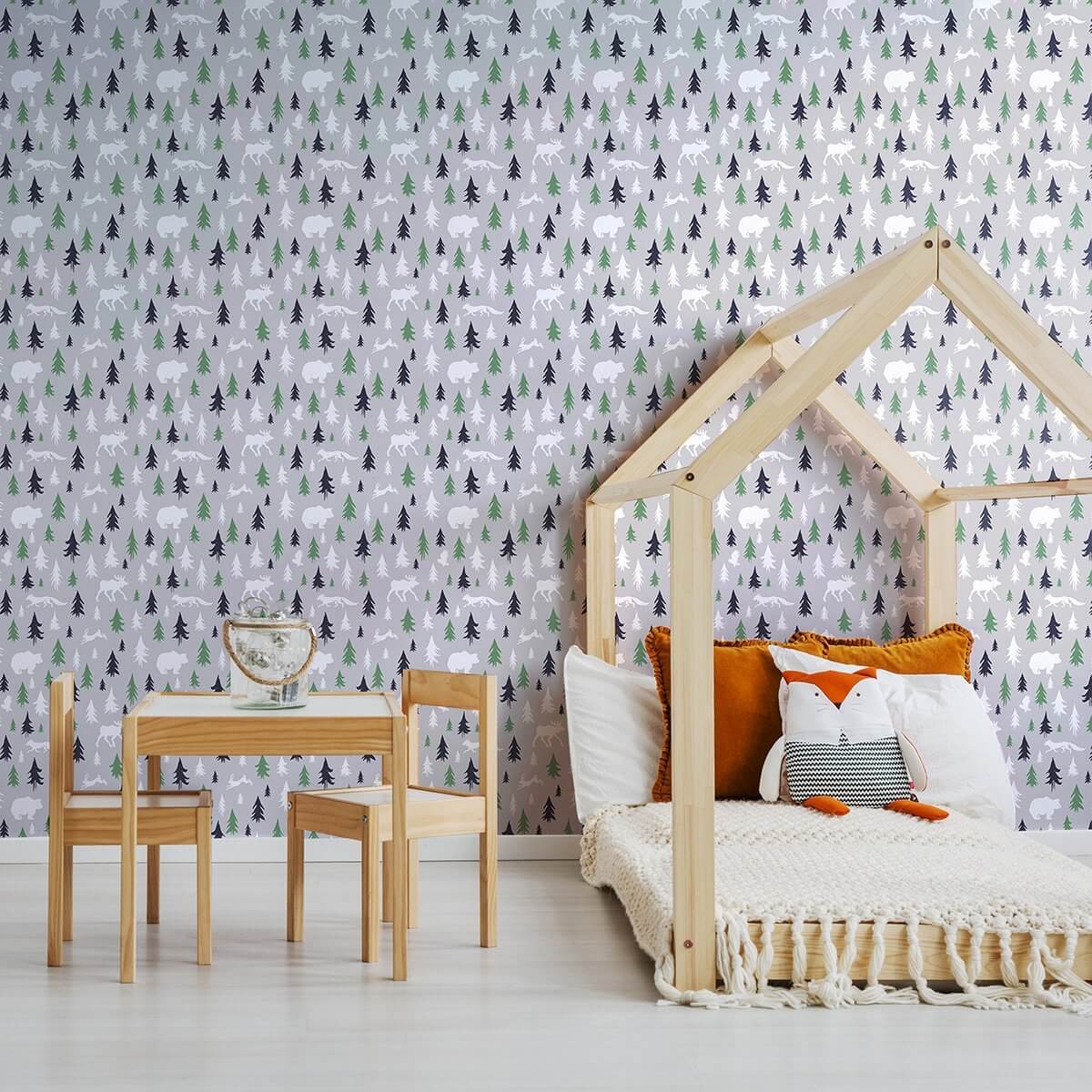 Green and Grey Forest Baby Peel and Stick Removable Wallpaper 3402 - Self-Adhesive Nursery Wall Decor for Boys and Girls - Perfect for Kids' Rooms, Playrooms, and Nursery Walls
