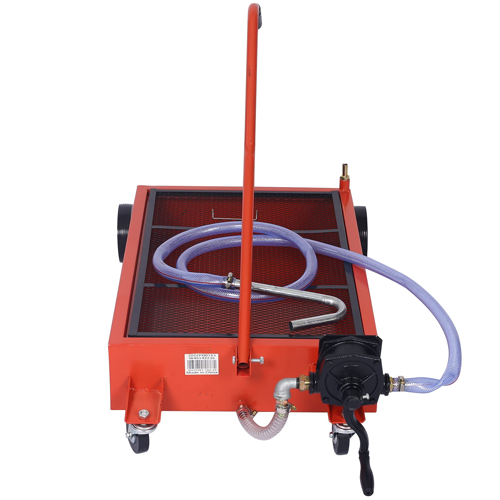 17 Gallon Oil Drain Pan with Hand Pump - Portable Low Profile Oil Change Tank for Cars, SUVs & Trucks - Large Capacity Oil Drain Pan with Hose & Swivel Caster Wheels - Perfect for DIY Auto Maintenance & Garage Oil Changes (Red)