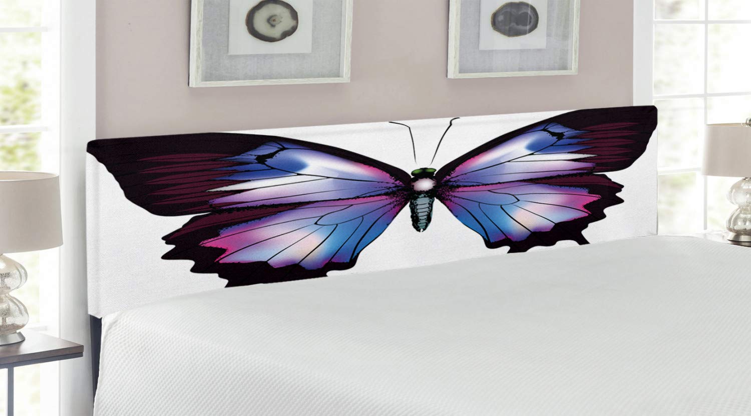 Ambesonne King Size Upholstered Headboard with Memory Foam - Swallowtail Butterfly Design in Violet Blue Maroon Pink | Decorative Metal Bed Frame for Master Bedroom, Guest Room & Dorm | Nature-Inspired Home Decor