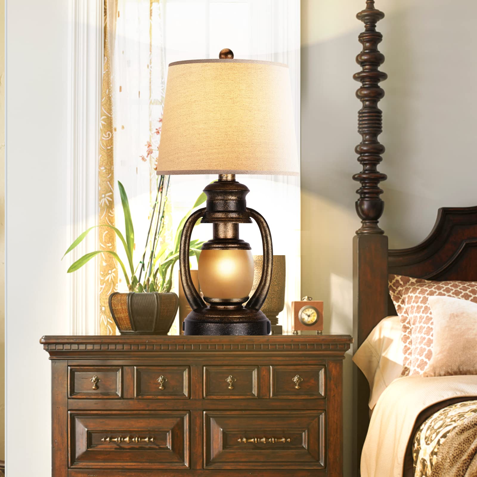 Rustic Table Lamp with Oatmeal Tapered Drum Shade - USB & AC Outlet Bedside Lamp for Living Room, Bedroom, Nightstand, Hotel - Perfect for Reading, Decor, and Charging Devices