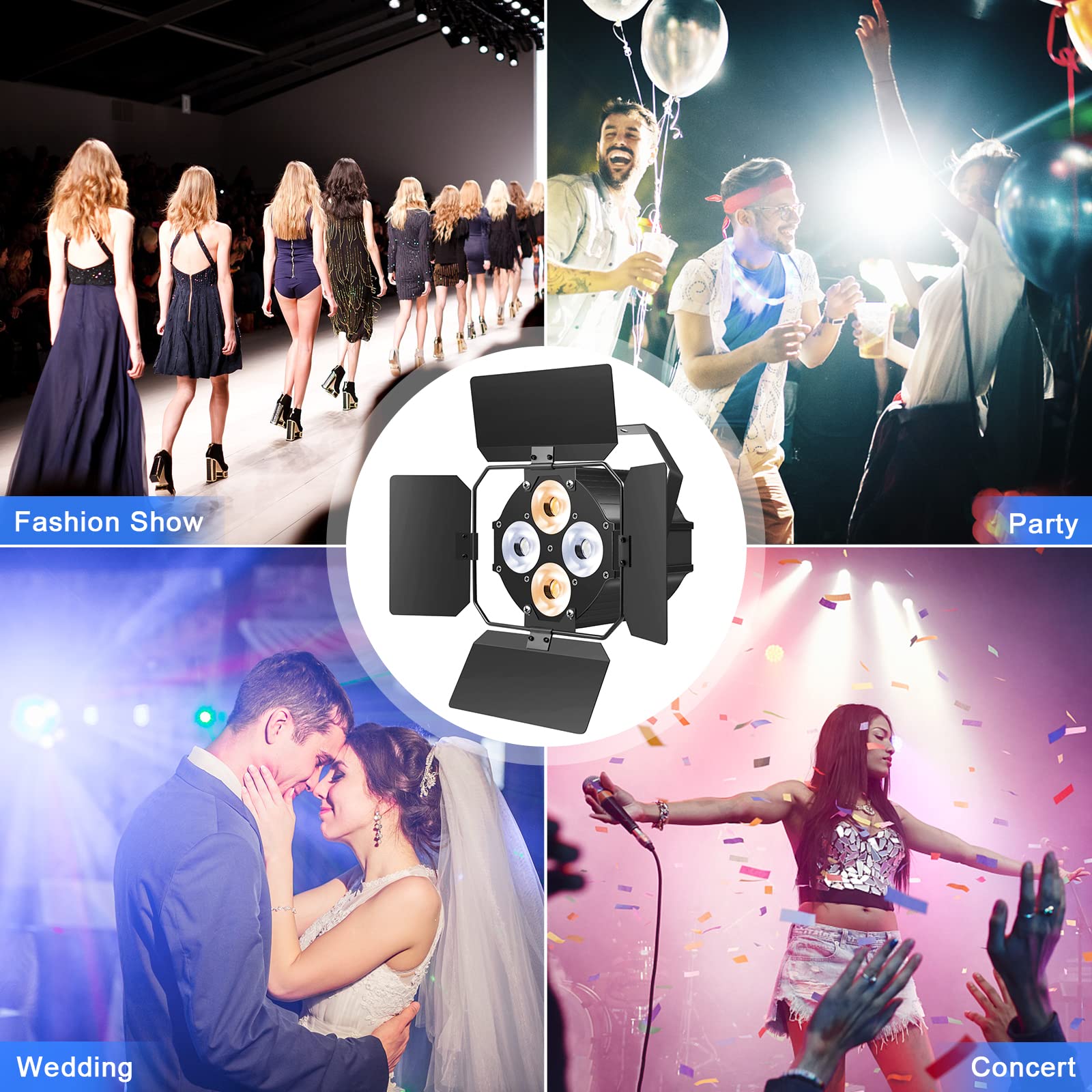 2-Pack LED Par Lights with Barn Doors - 120W Warm & Cool White Spotlights, Sound Activated & DMX512 Control - Perfect for Stage Lighting, DJ Shows, and Live Events (Black Iron Housing)