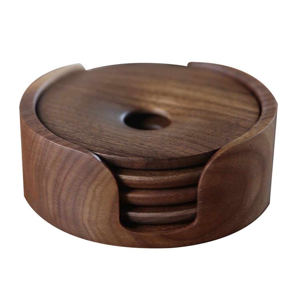 Premium Black Walnut Solid Wood Coasters Set - 4 Pack Round Heat Resistant Drink Mats for Coffee, Tea & Hot Beverages - Natural Wood Table Protectors for Dining, Office & Home Decor - Non-Slip & Insulated Cup Pads