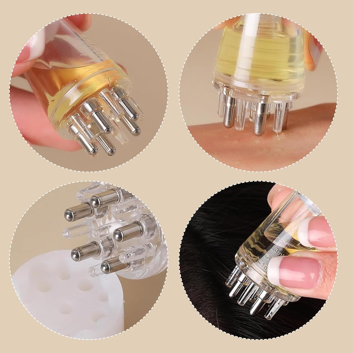 DLALA 1-Hair Oil Applicator with 6ml Tank - 5 Ball Heads & 6 Massage Teeth for Scalp Massage - Anti Hair Loss Lotion Dispenser - Essential Oil Applicator for Hair Growth (White) - Perfect for Home Hair Care & Salon Treatments