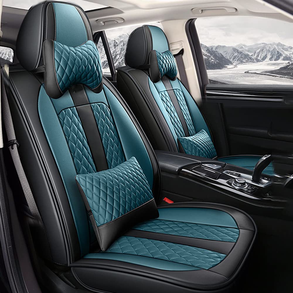Premium Genuine Leather Car Seat Covers for Nissan Juke Acenta - Waterproof, Scratch-Resistant, Non-Slip Design with Airbag Compatibility (Full Set, Black/Blue) - Perfect for Daily Commuting, Road Trips & Car Interior Protection