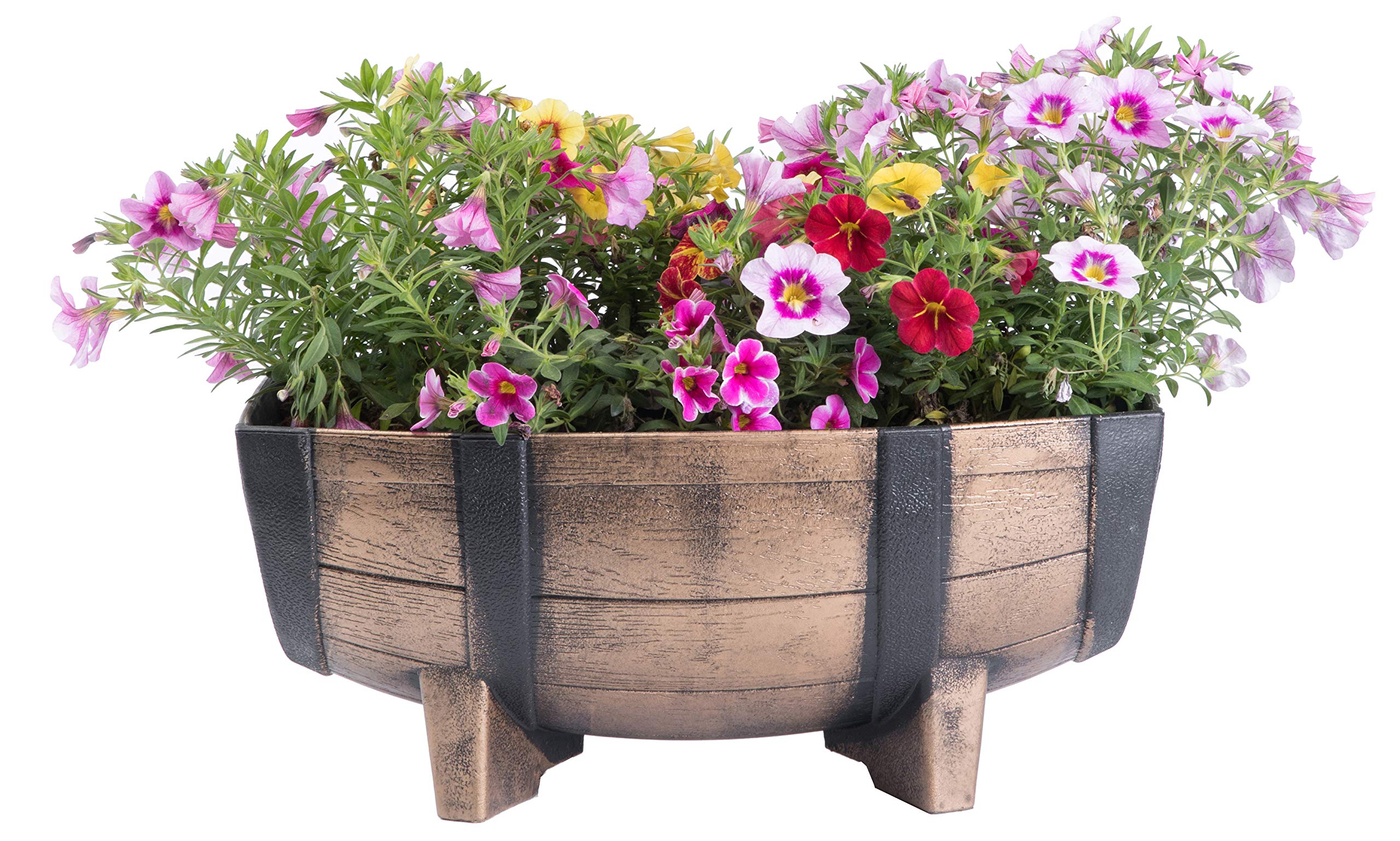 Set of 2 Rustic Wood-Look Plastic Half Barrel Planters - Outdoor Garden Flower Pots for Patio, Deck, and Backyard Decor