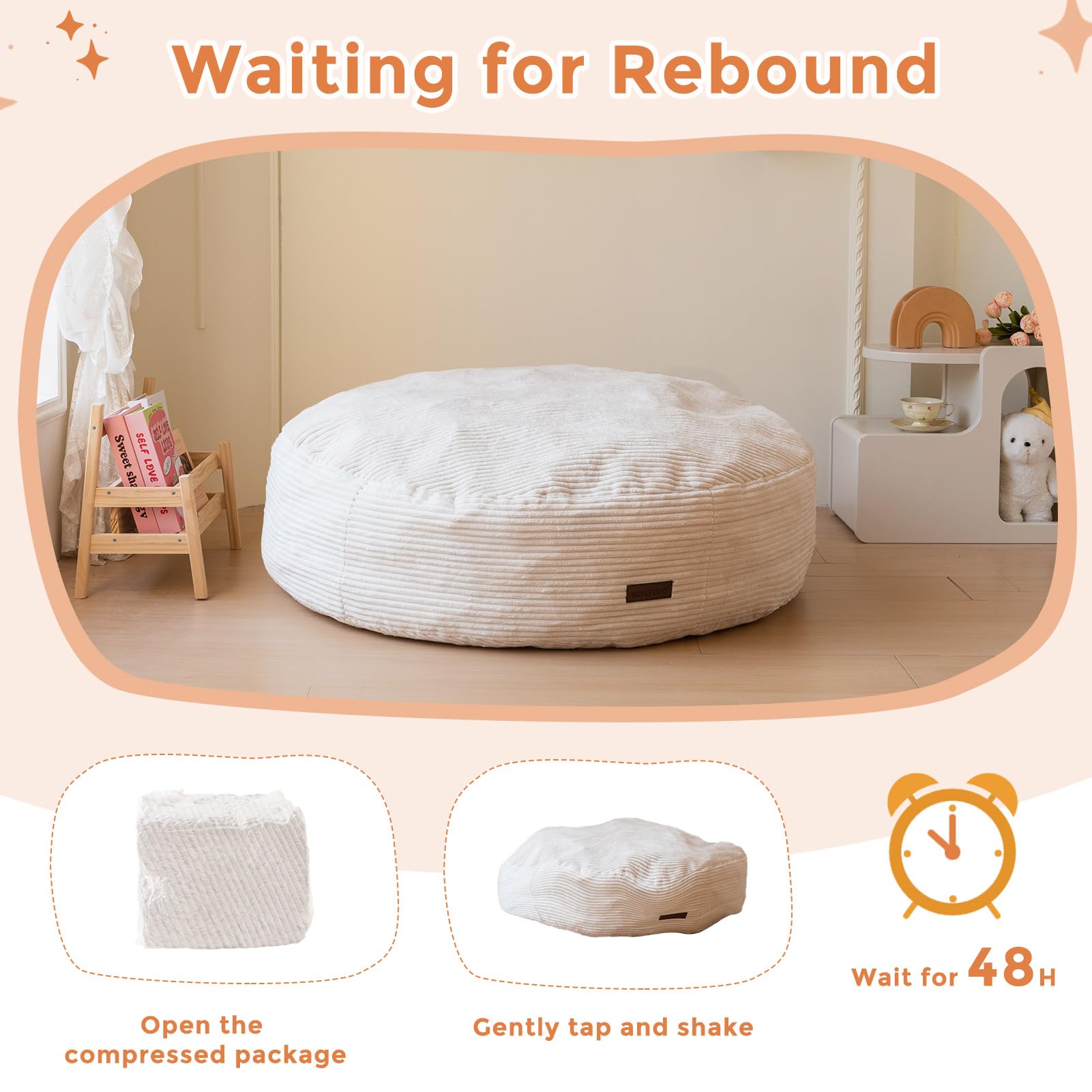 MAXYOYO 3-in-1 Convertible Kids Bean Bag Chair & Bed - Corduroy Round Floor Sofa for Children's Room, Gaming & Reading - Beige | Perfect for Playroom, Bedroom & Dorm Decor
