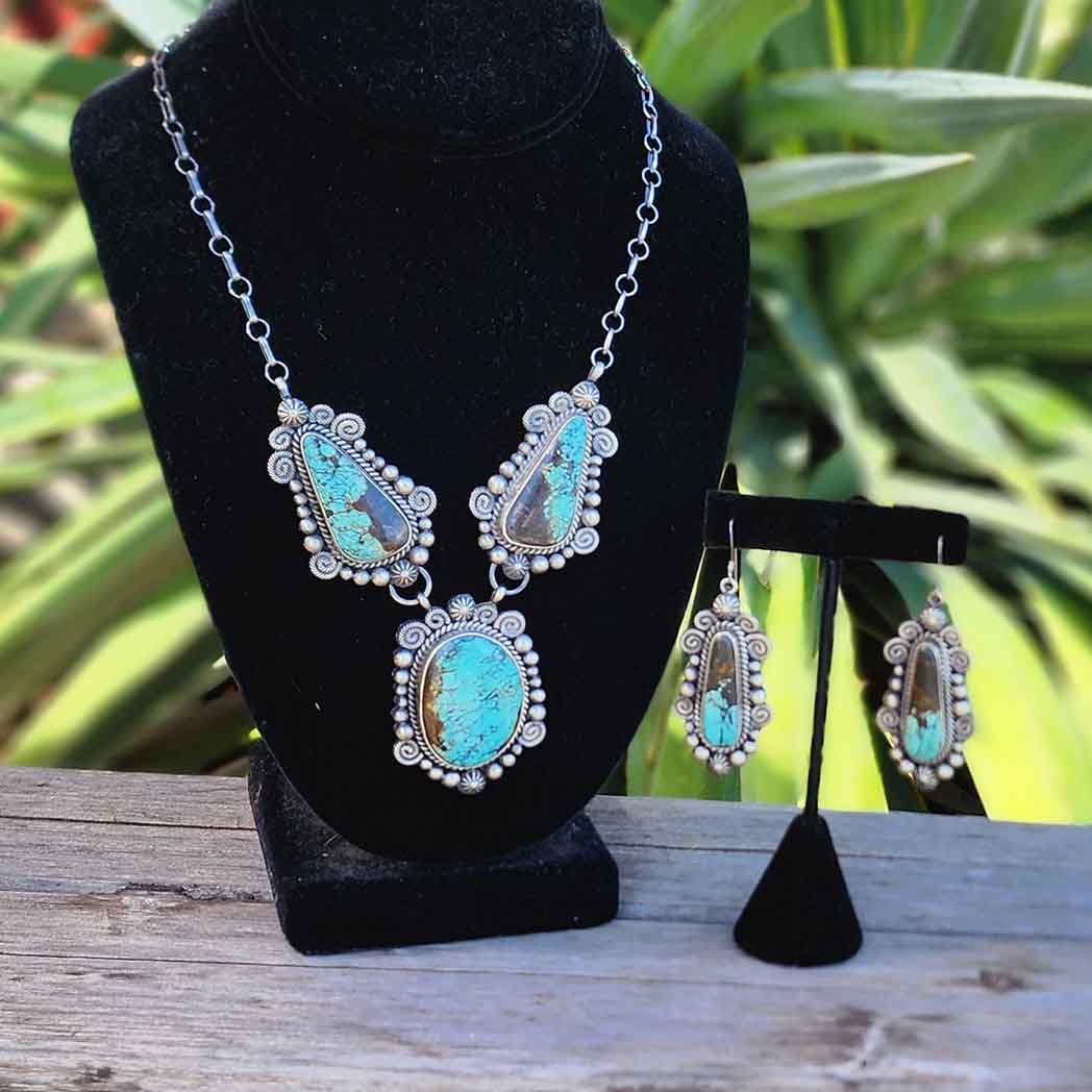 Jacki Black Jack Turquoise Jewelry Set - Handmade Sterling Silver & Turquoise Necklace, Earrings & Bracelet for Women - Perfect for Boho, Western & Native American Style Outfits